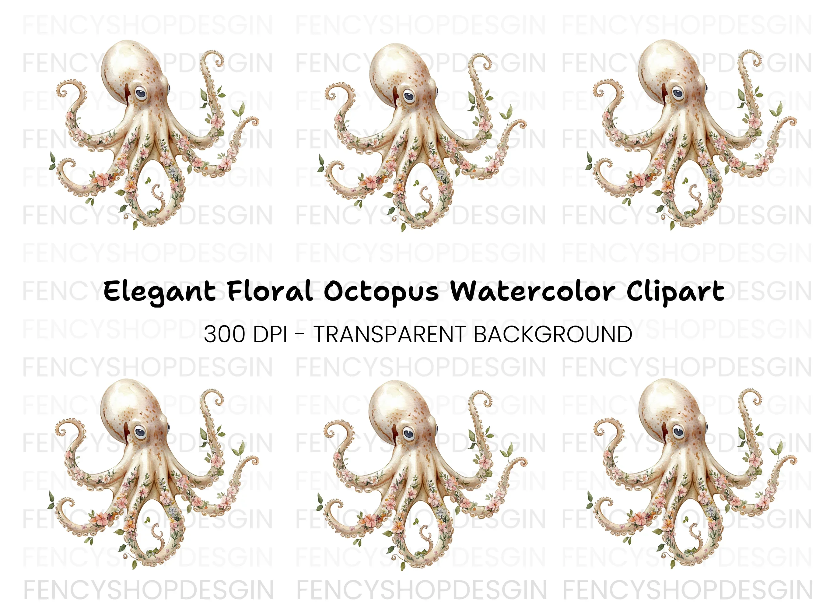 Elegant Floral Octopus Clipart Bundle