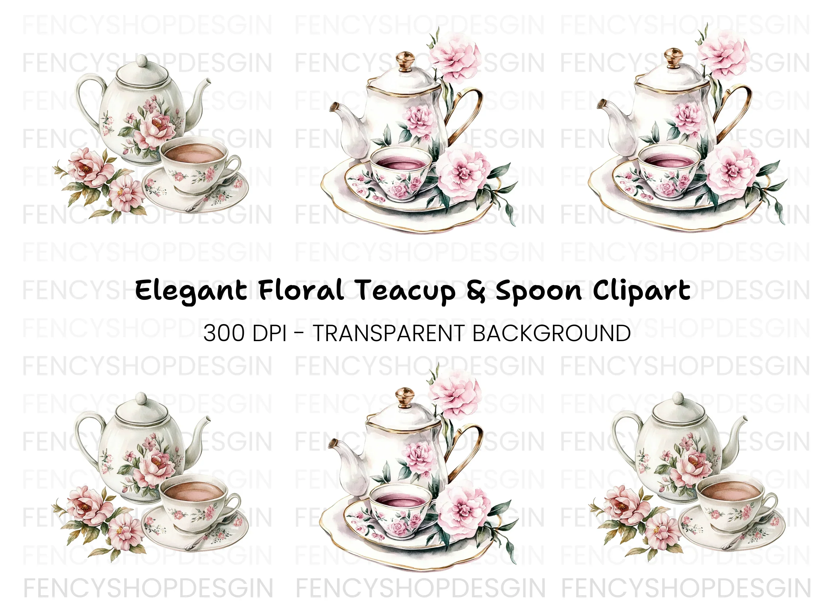 Elegant Floral Teapot and Teacup Clipart Bundle