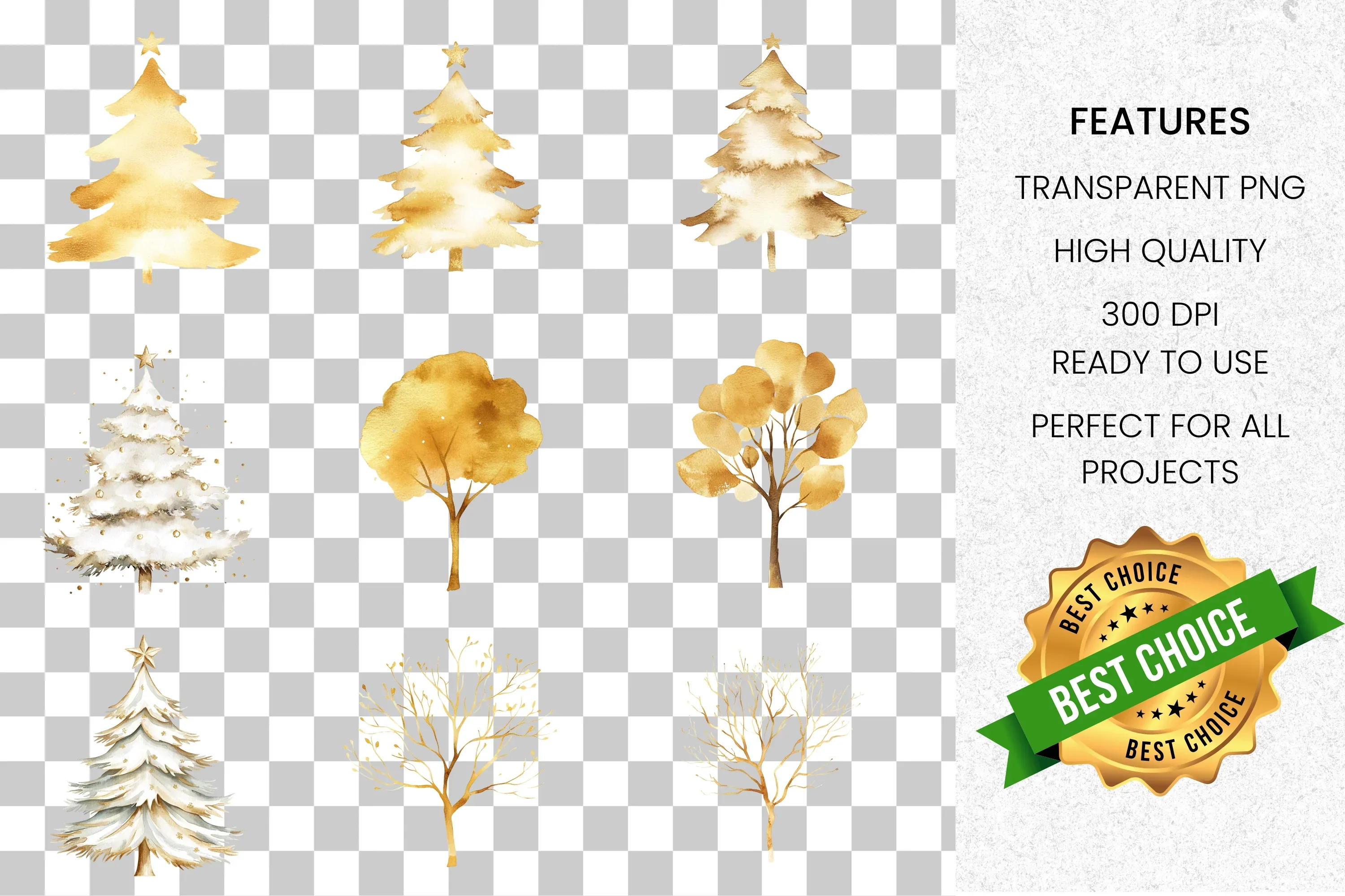 Elegant Gold and White Christmas Trees Clipart Bundle - Image 2