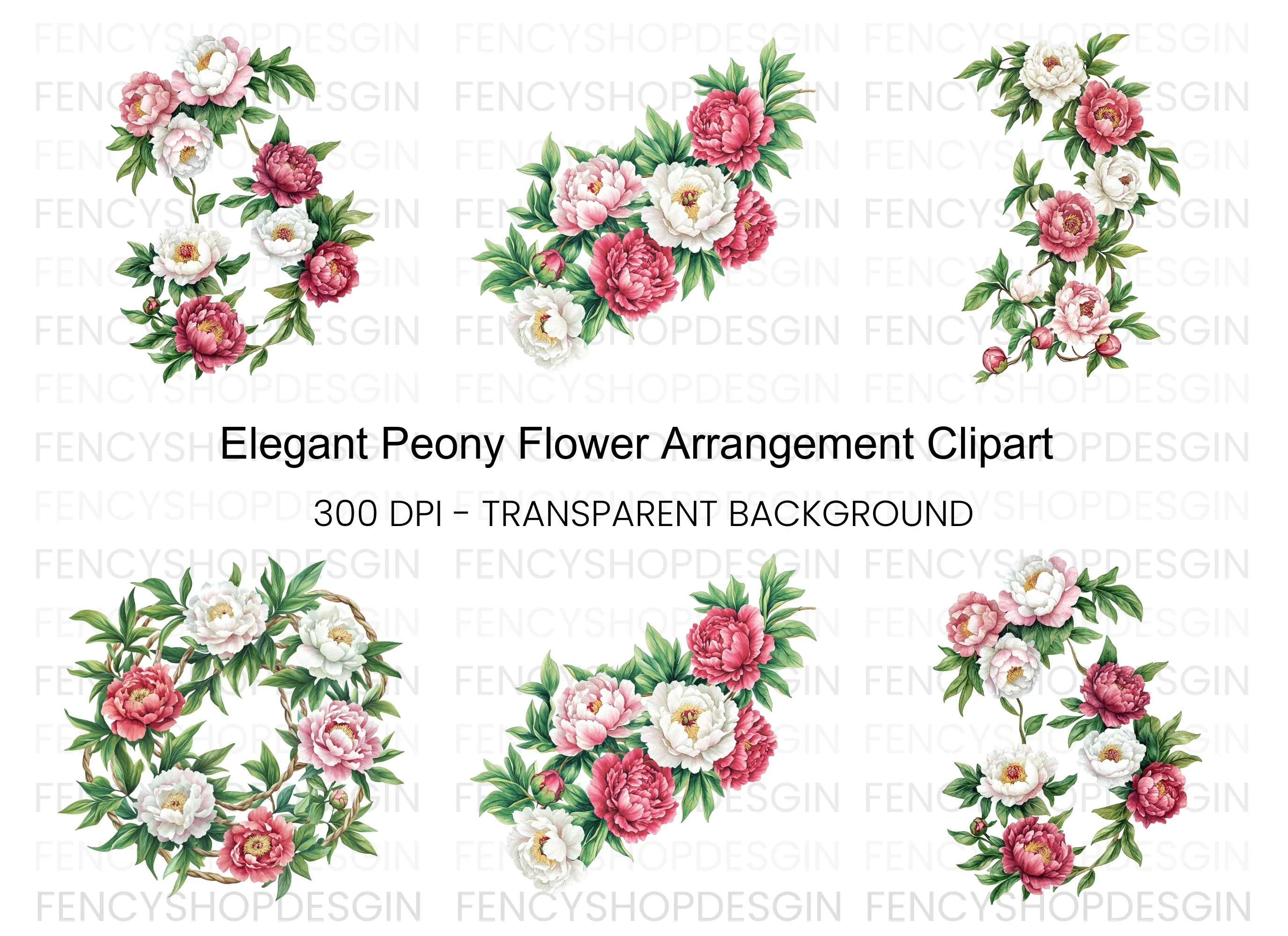 Elegant Peony Flower Arrangement Clipart Bundle