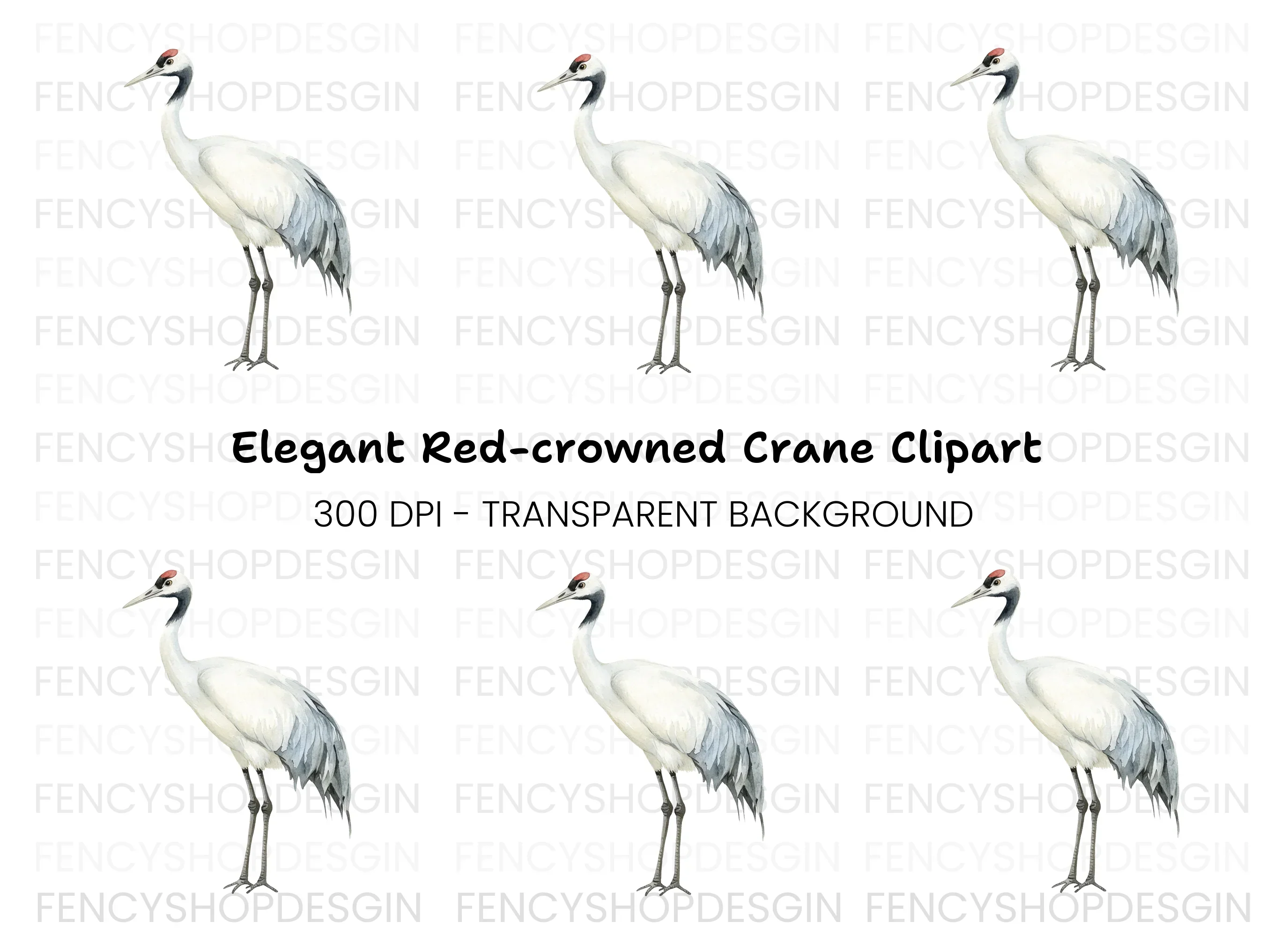 Elegant Red Crowned Crane Clipart Bundle