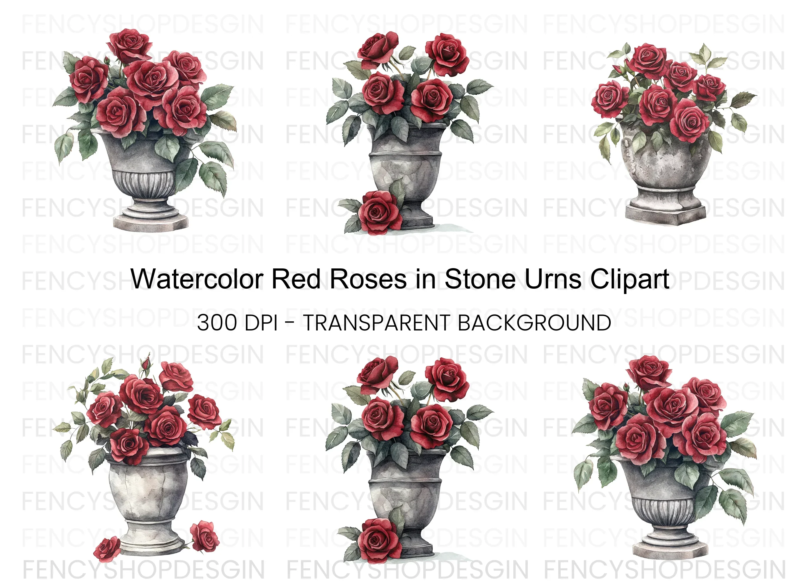 Elegant Red Rose Urn Clipart Bundle