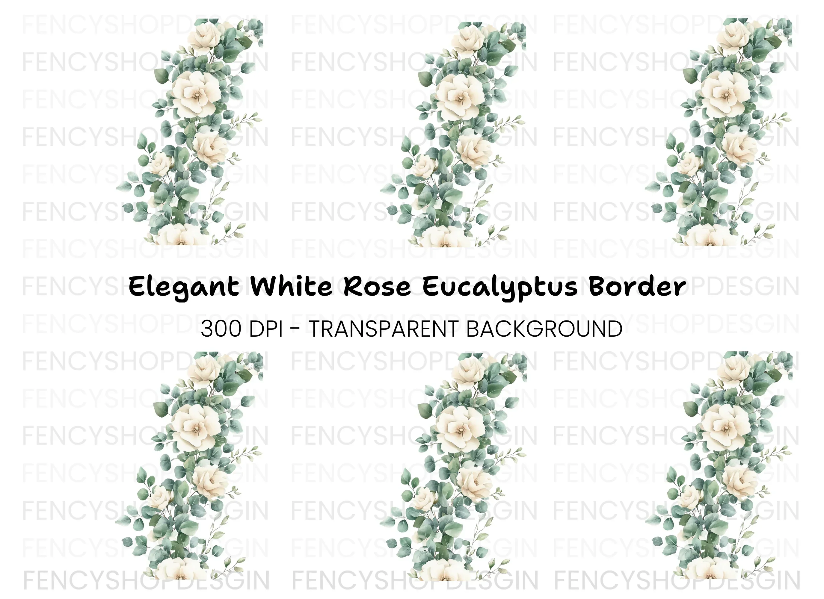 Elegant White Roses Eucalyptus Border Clipart Bundle