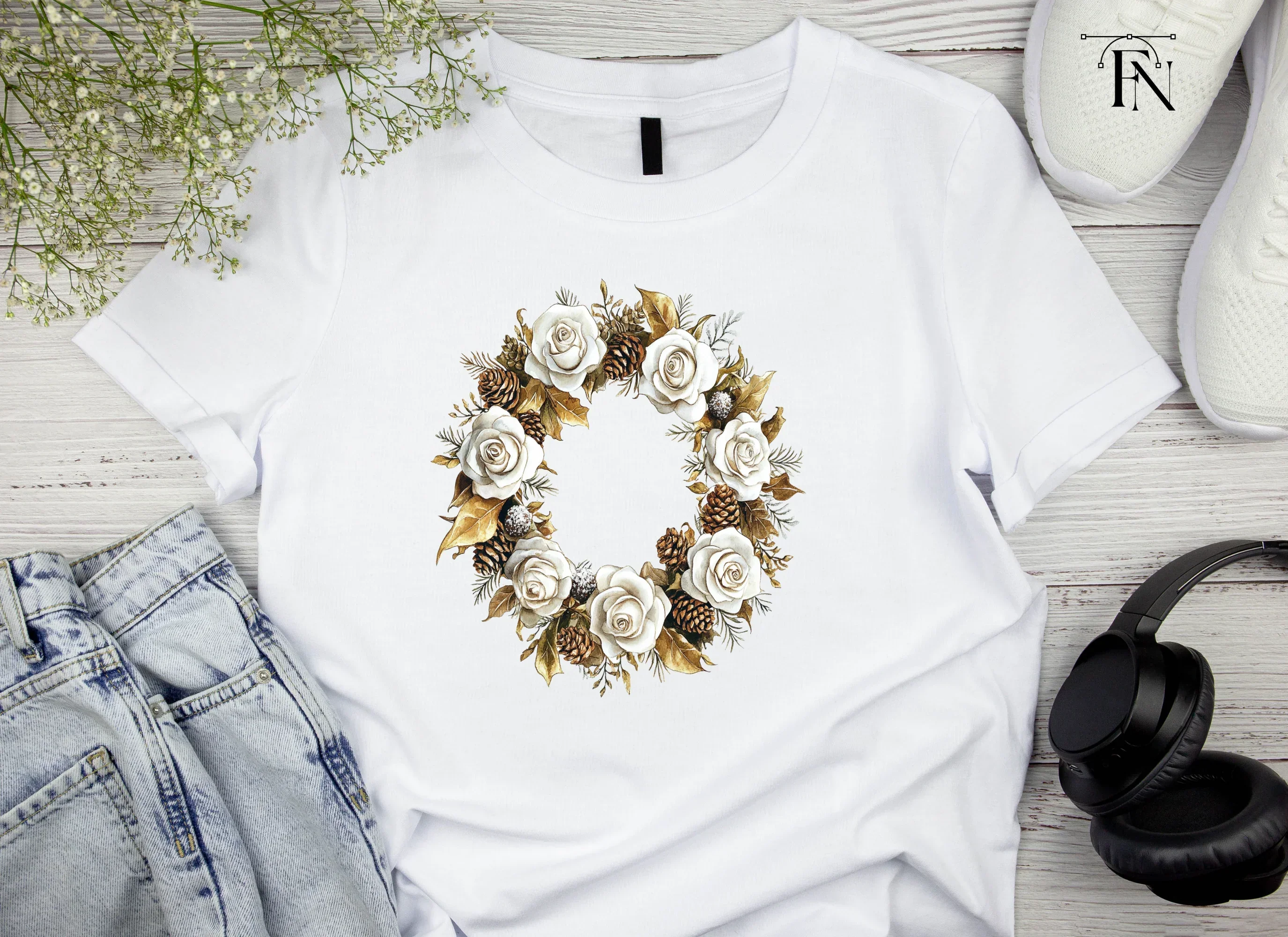 Elegant Winter White Rose Wreath Clipart Bundle - Image 6
