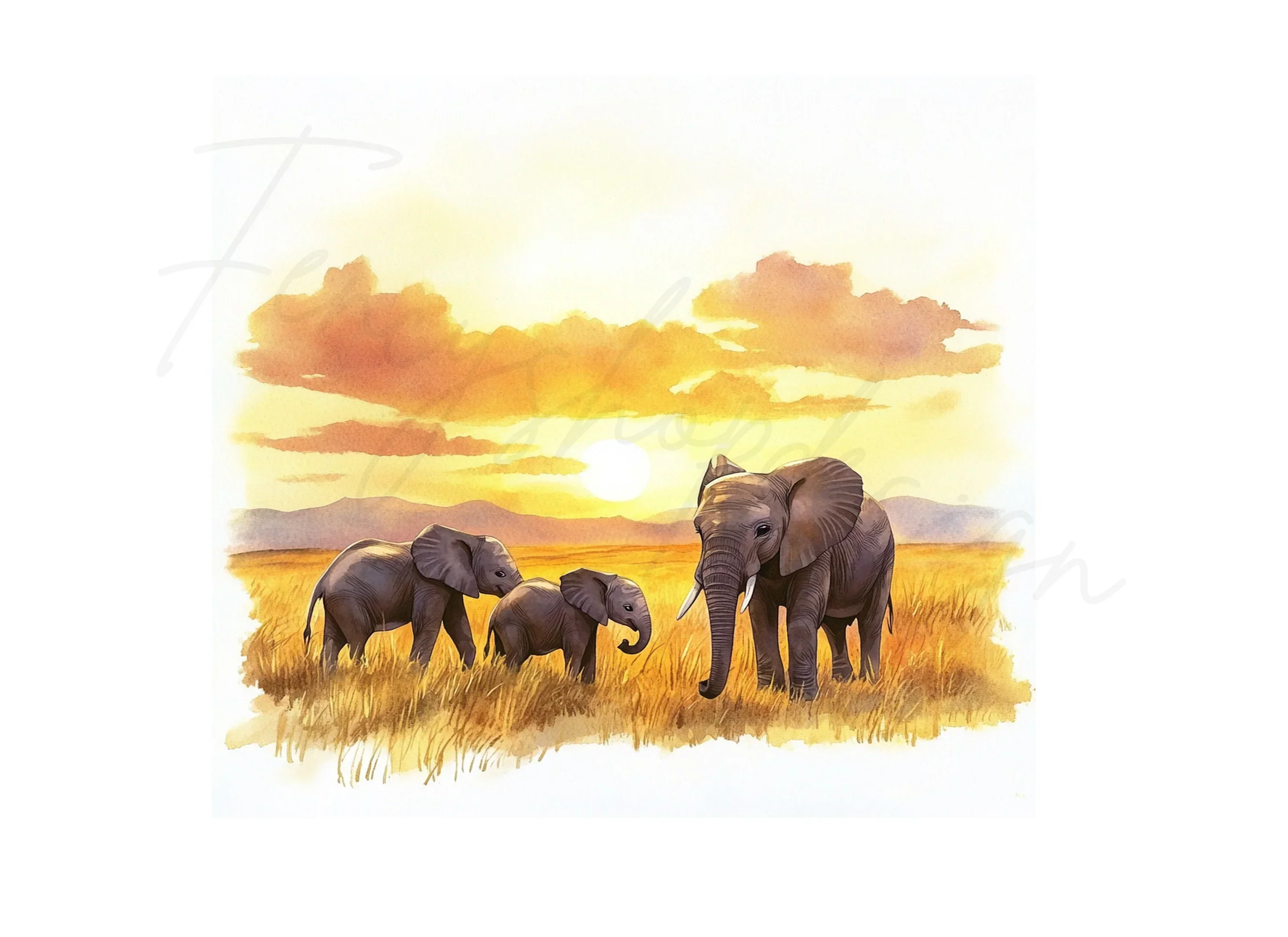 Elephants in Golden Sunset Landscape Clipart Bundle - Image 2