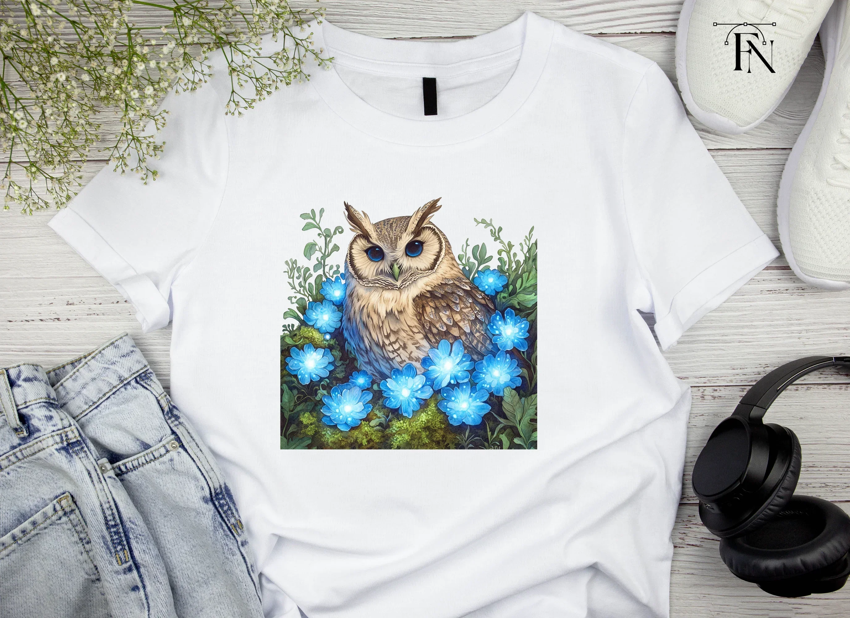 Enchanted Owl with Glowing Blue Flowers Clipart Bundle - Image 5
