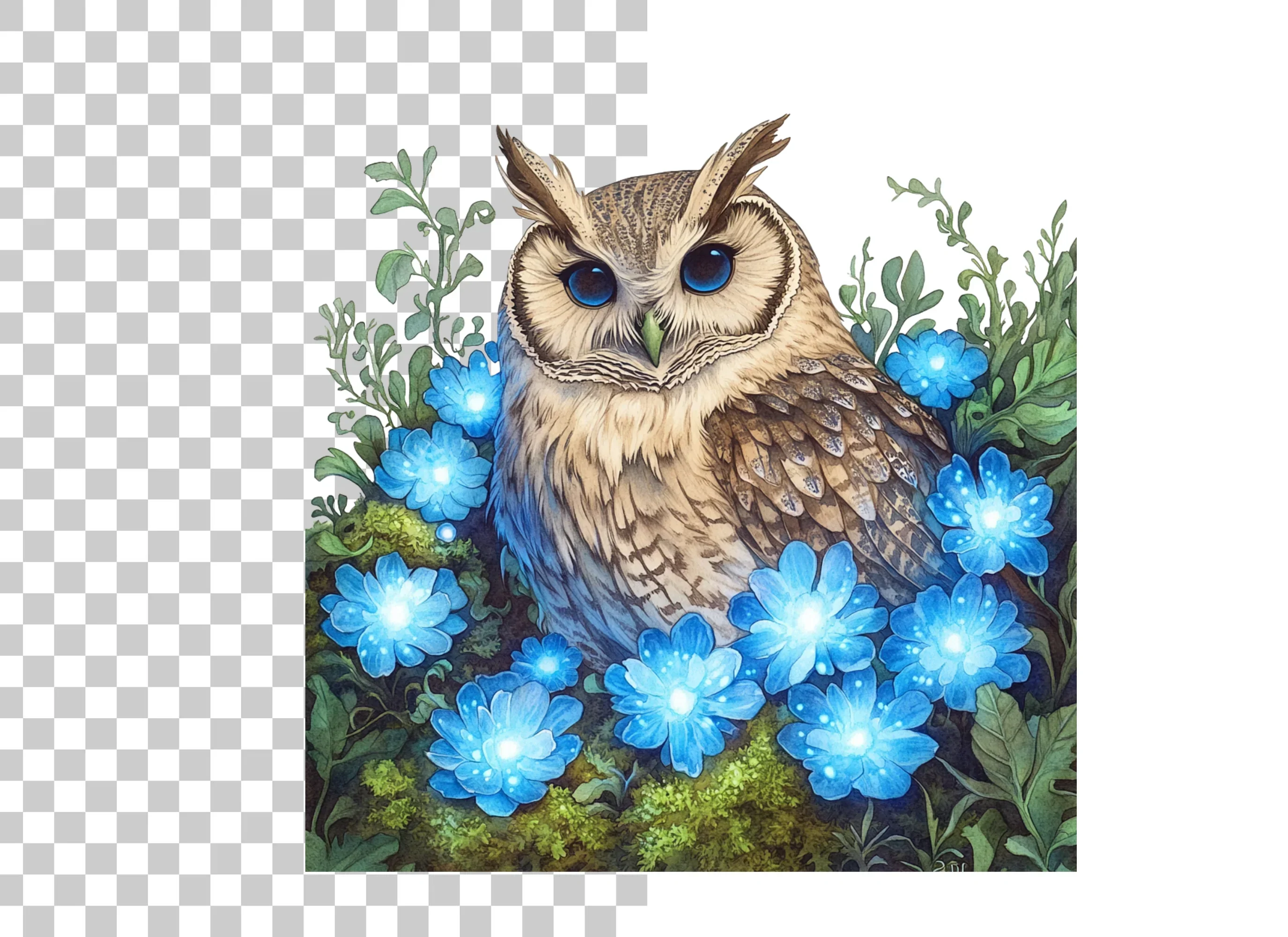 Enchanted Owl with Glowing Blue Flowers Clipart Bundle - Image 6