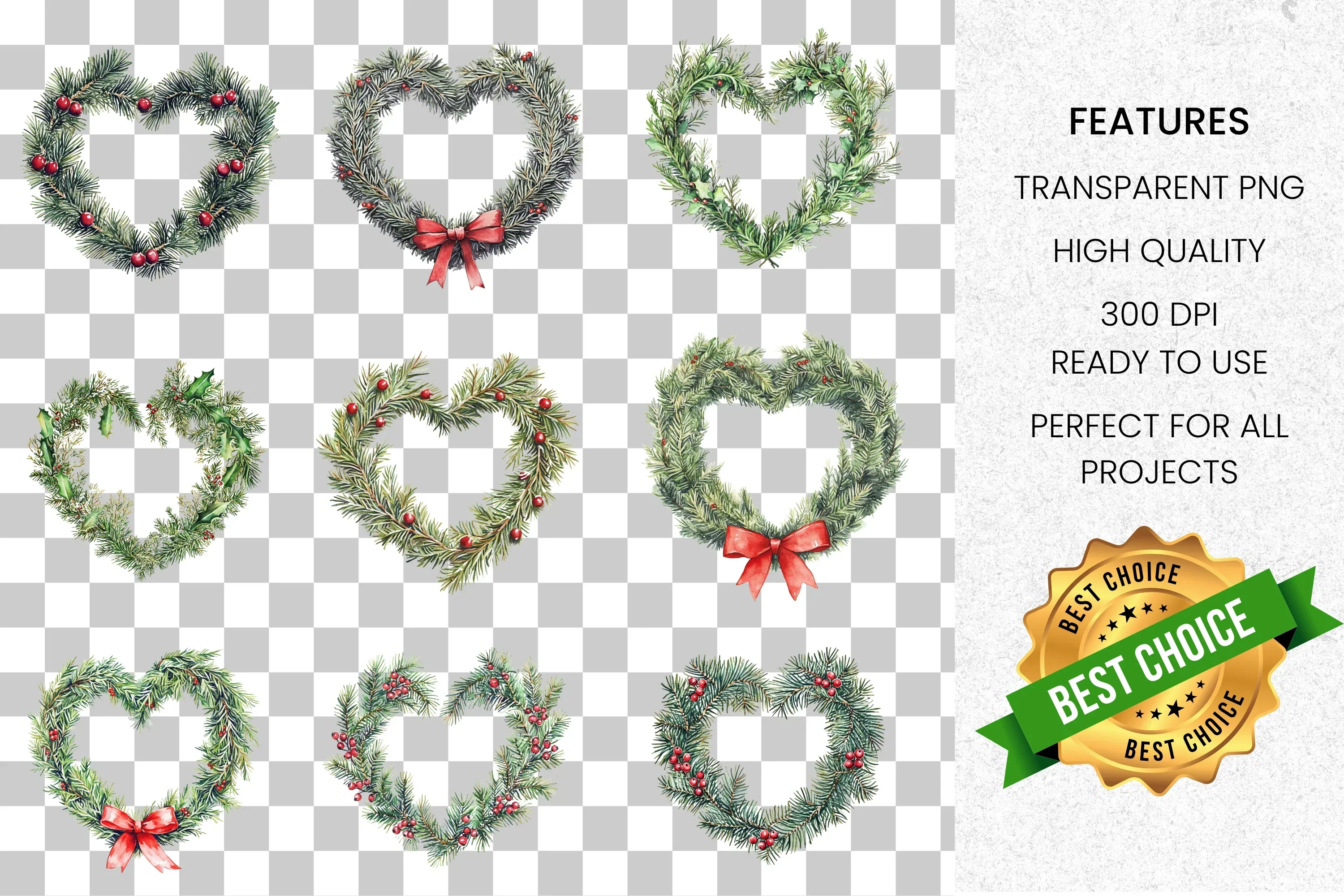 Evergreen Heart Wreaths Clipart Bundle - Image 2