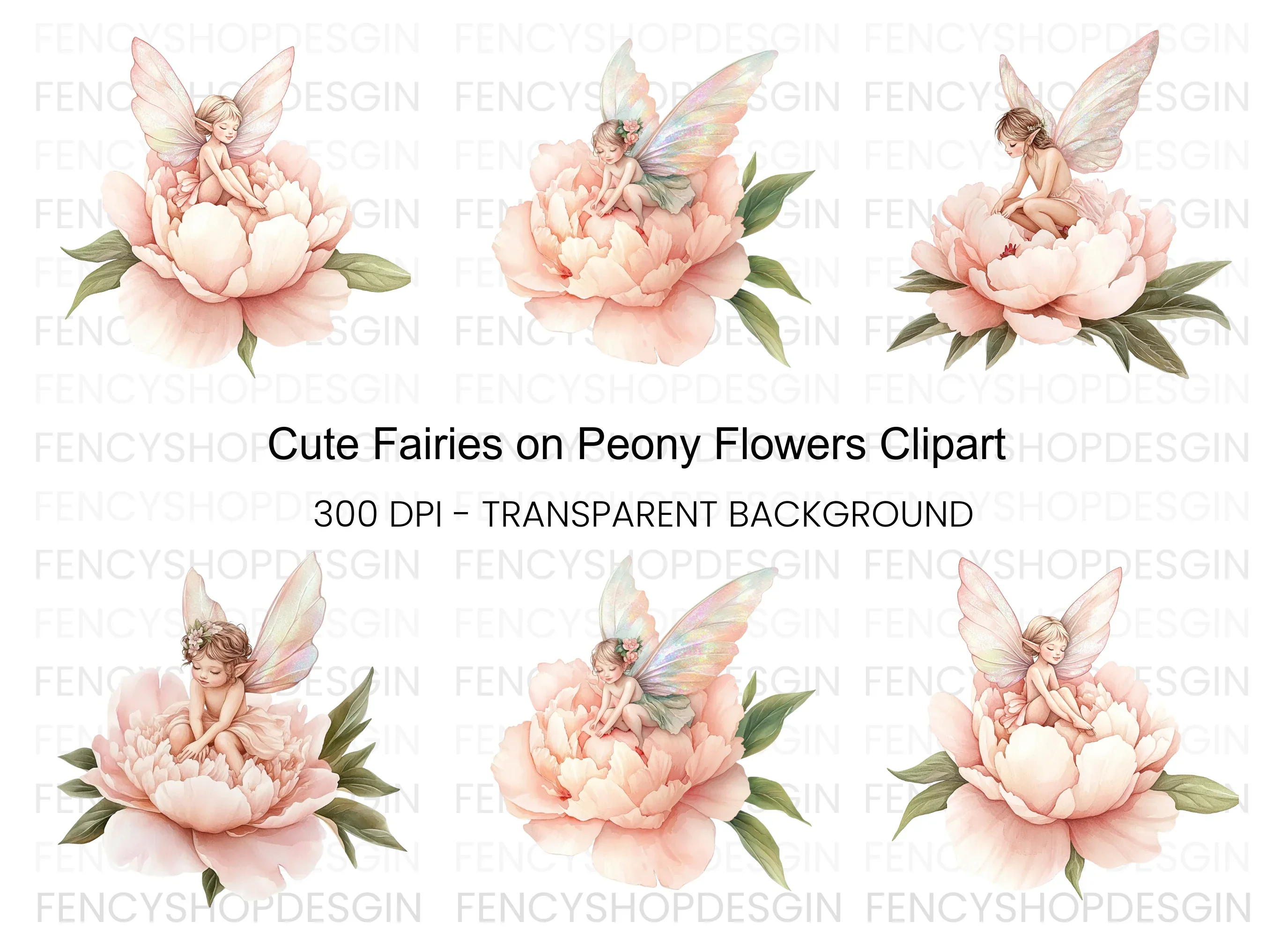 Fairies on Peony Flowers Clipart Bundle