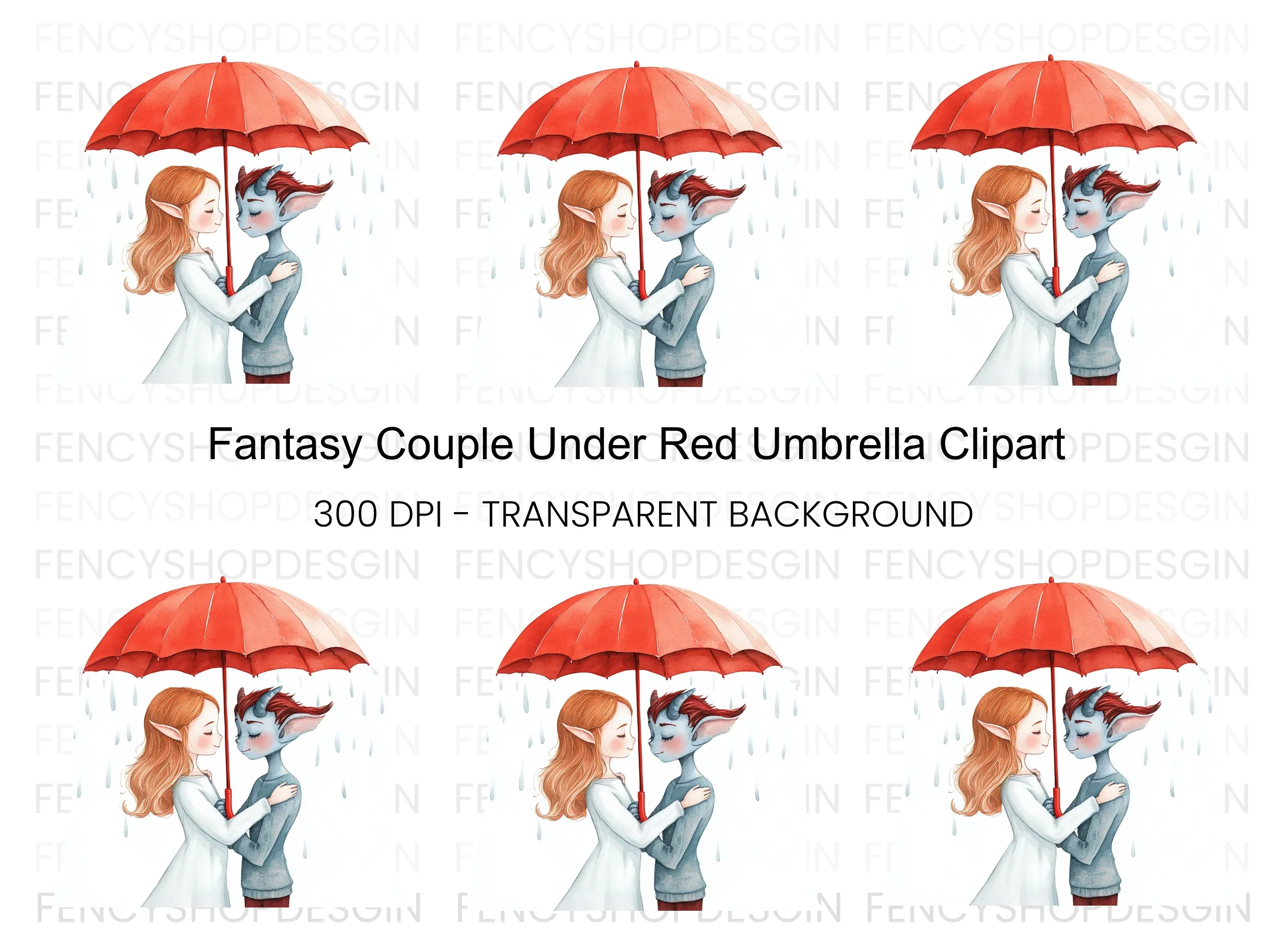 Fantasy Couple Under Red Umbrella Clipart Bundle