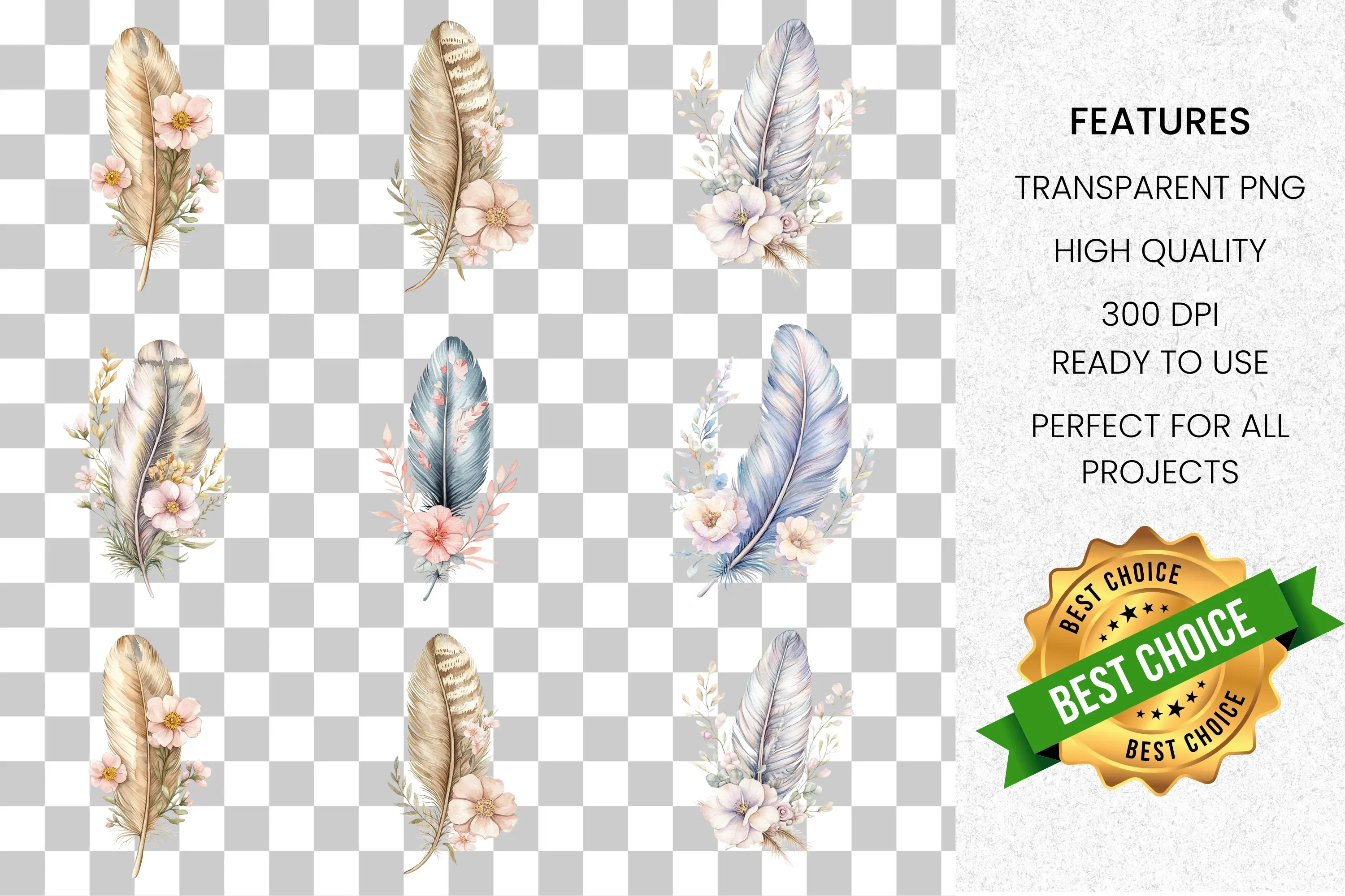 Feather and Flowers Clipart Bundle - Image 2