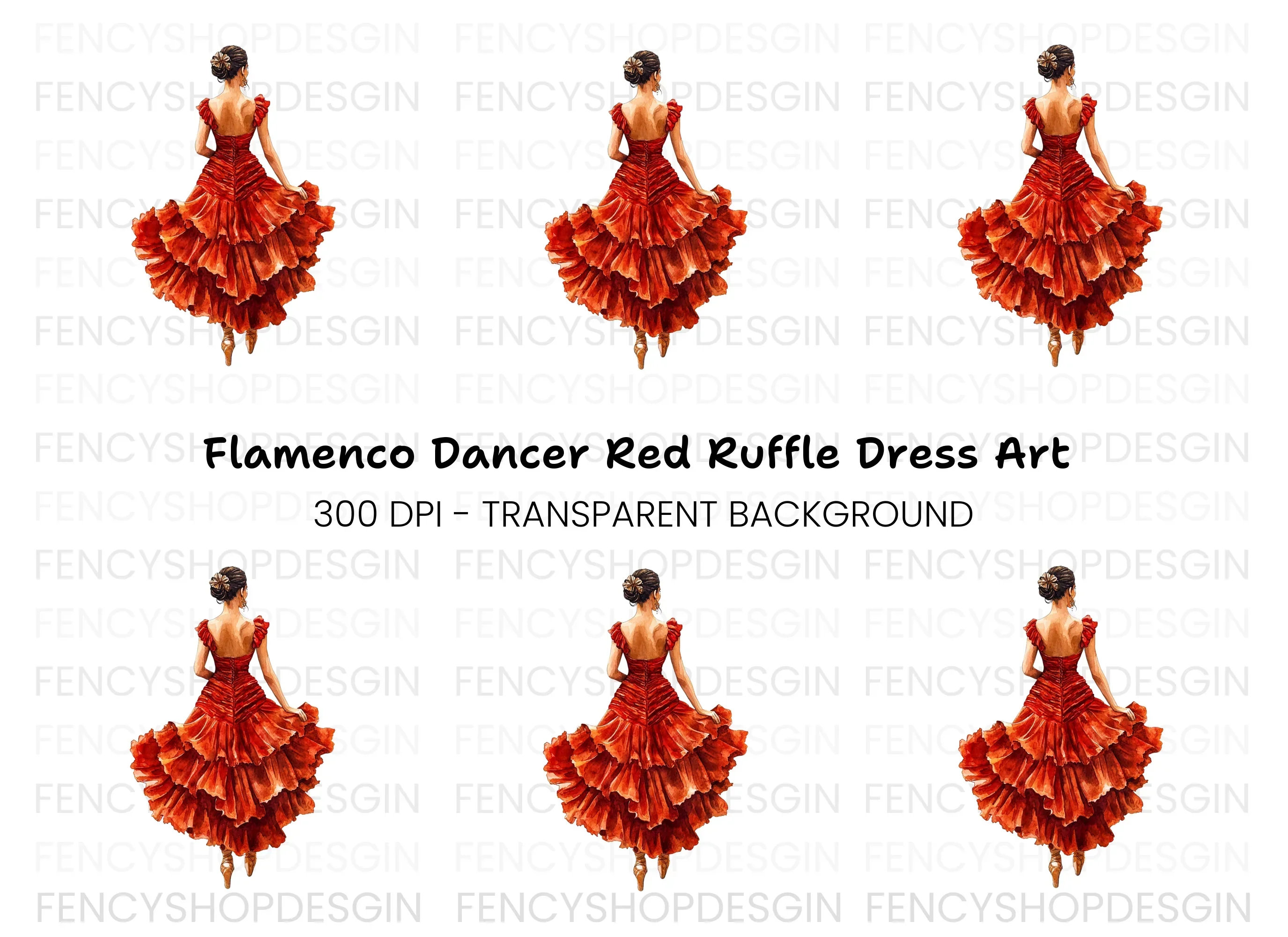 Flamenco Dancer in Red Ruffled Dress Clipart Bundle