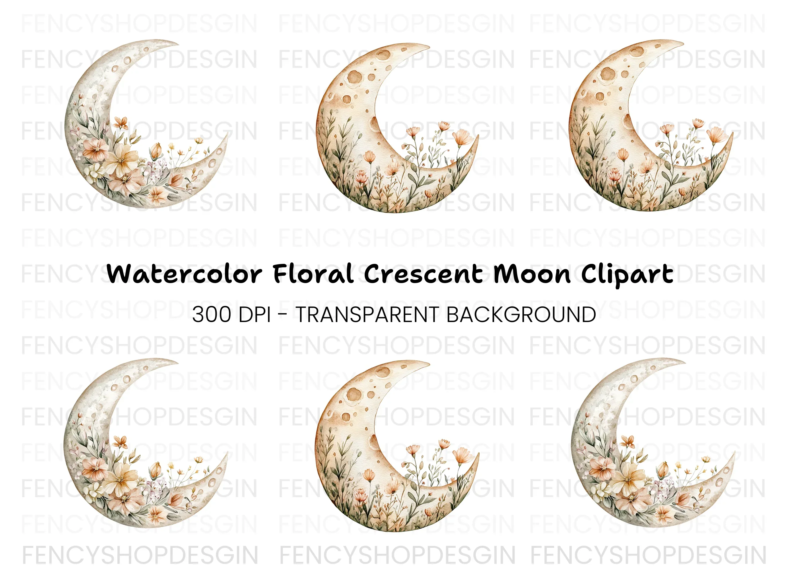 Floral Crescent Moon Clipart Bundle