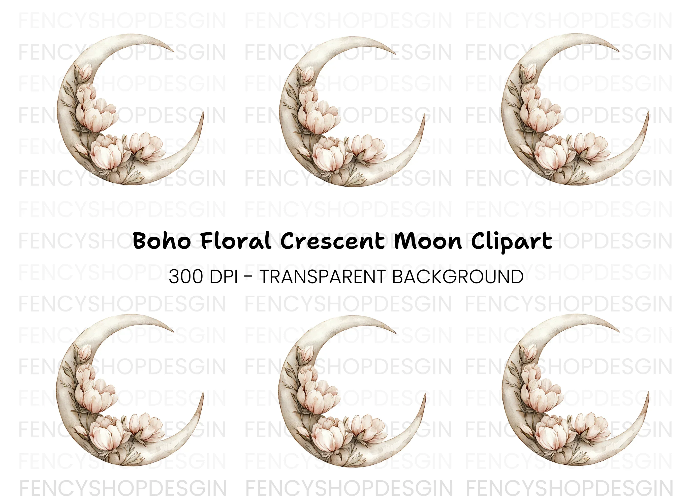 Floral Crescent Moon Clipart Bundle