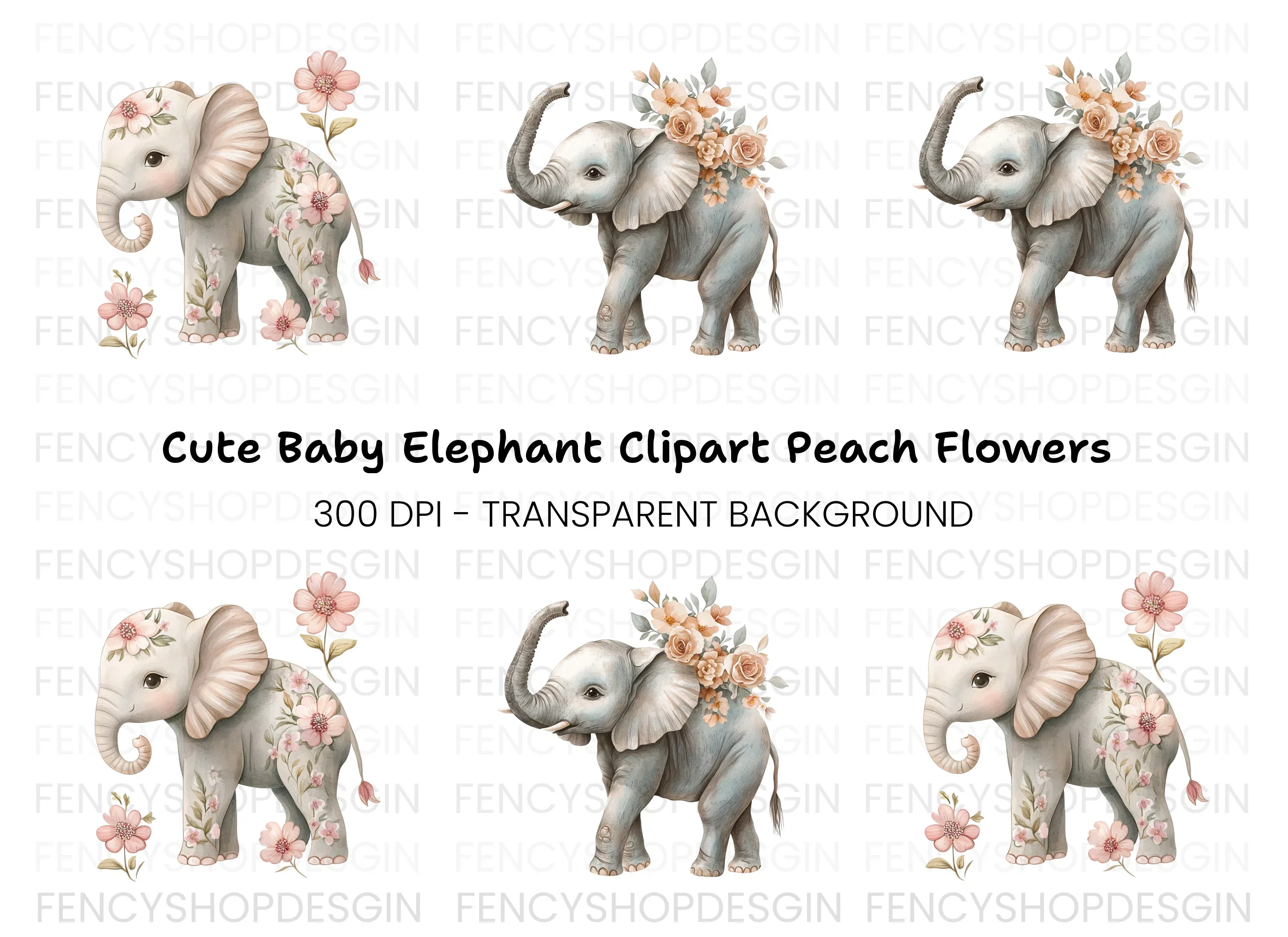 Floral Elephant Clipart Bundle