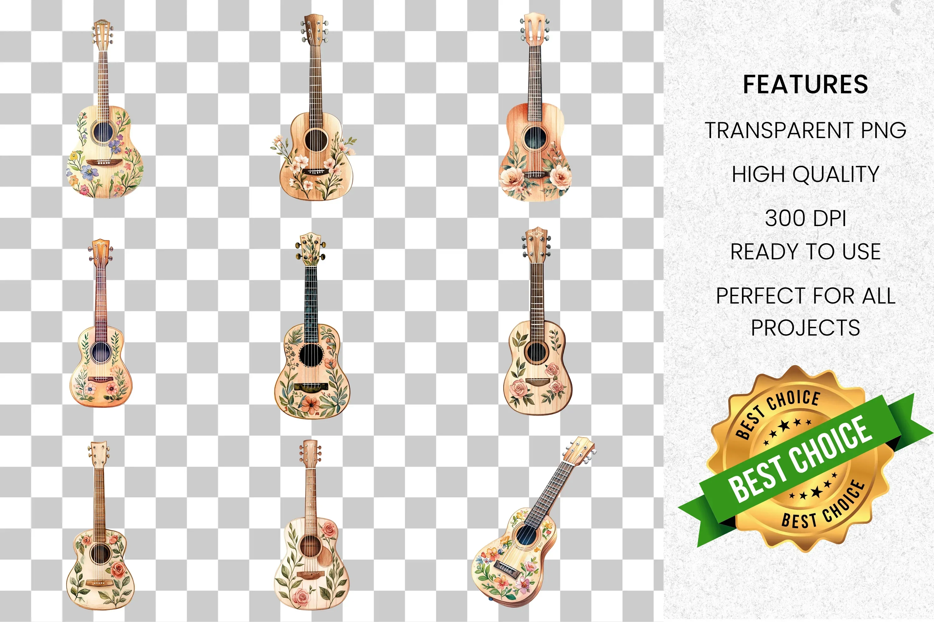 Floral Guitar Clipart Bundle - Image 2