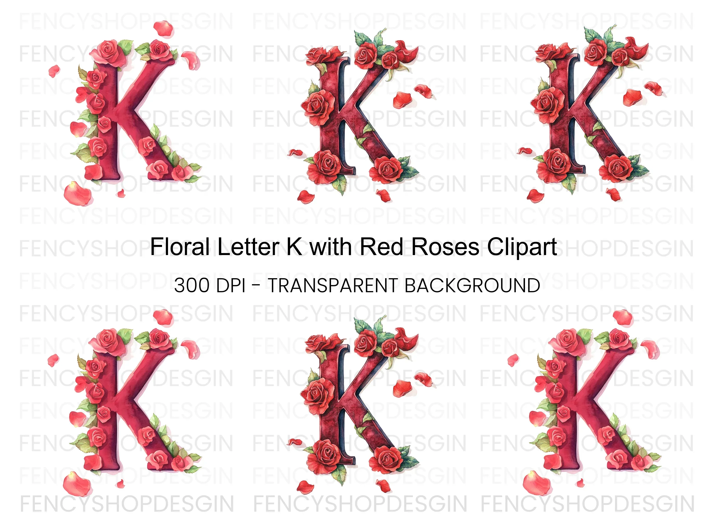 Floral Letter Red Roses Clipart Bundle