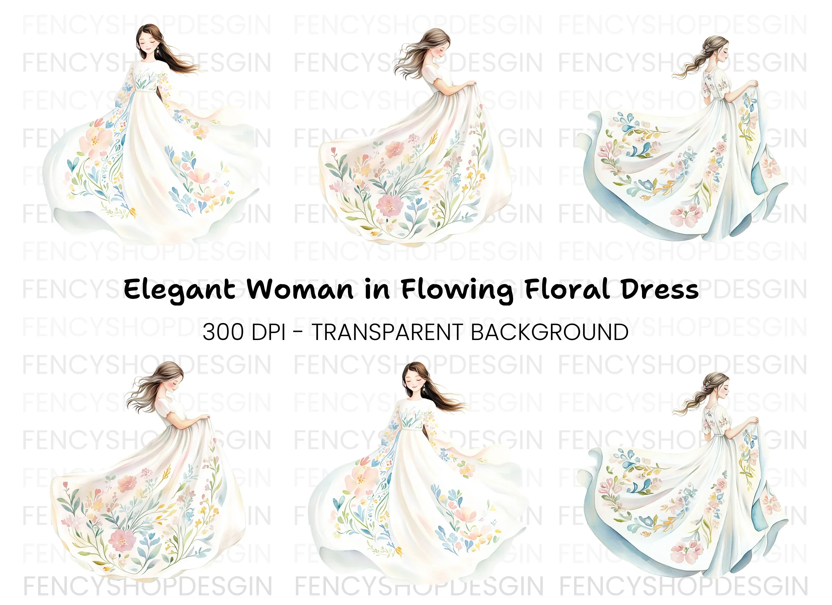 Flowing Floral Dress Clipart Bundle