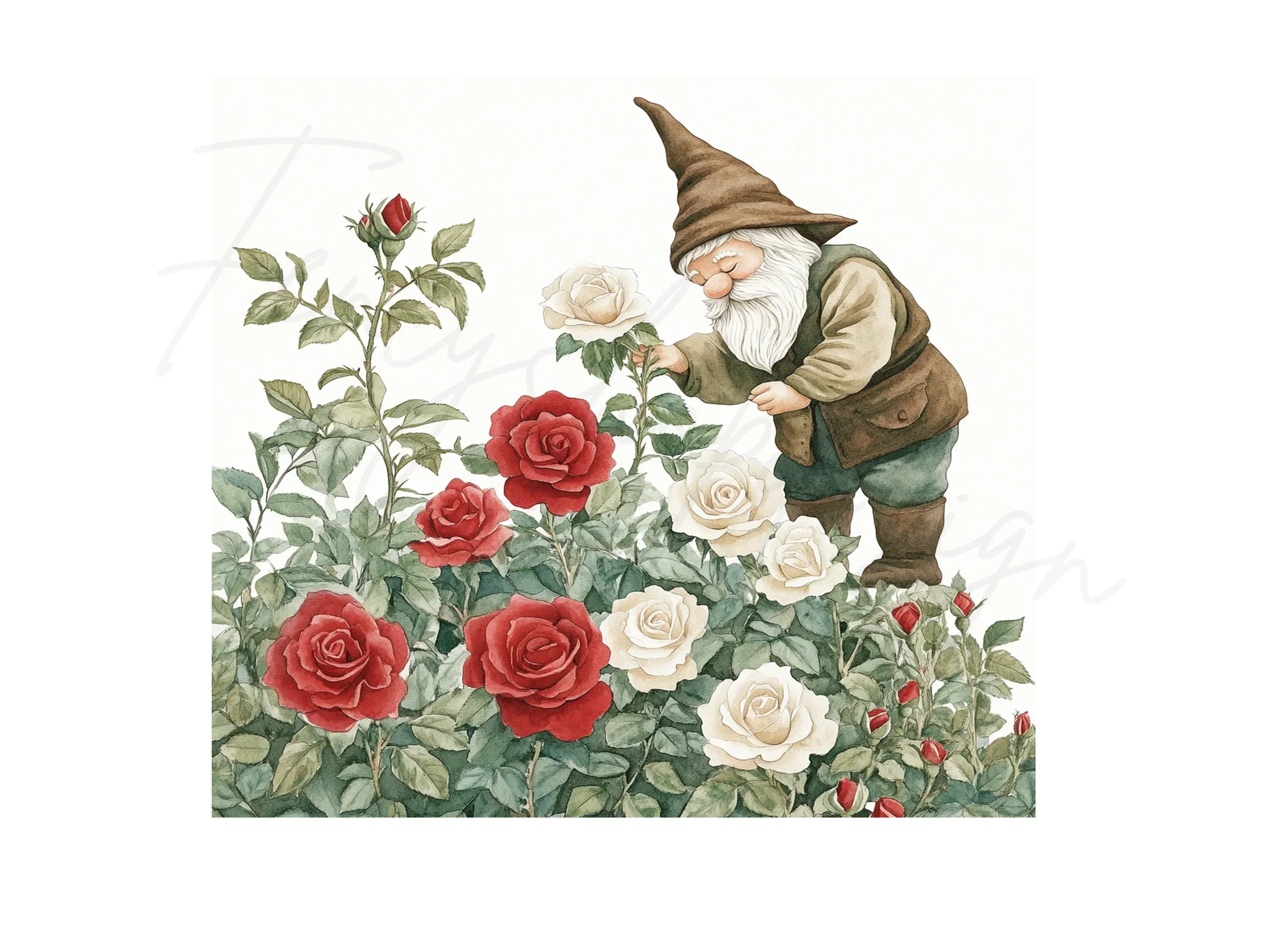 Garden Gnomes with Red and White Roses Clipart Bundle - Image 3