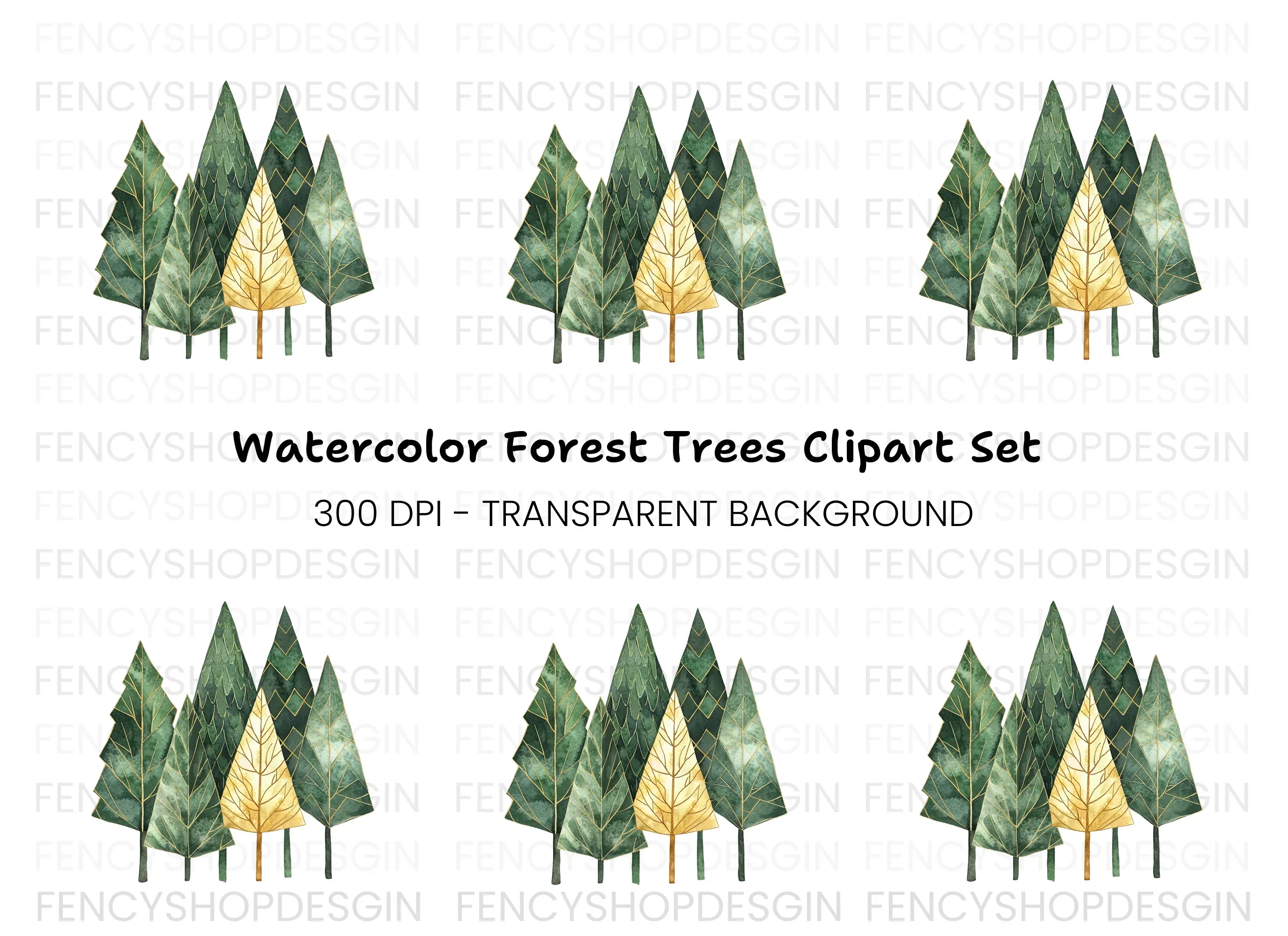 Geometric Gold and Green Forest Clipart Bundle