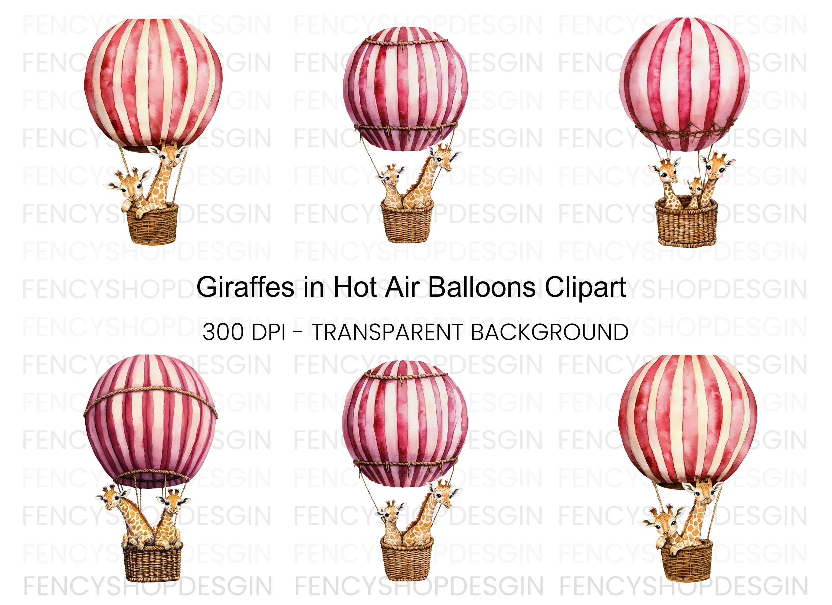 Giraffes in Hot Air Balloons Clipart Bundle