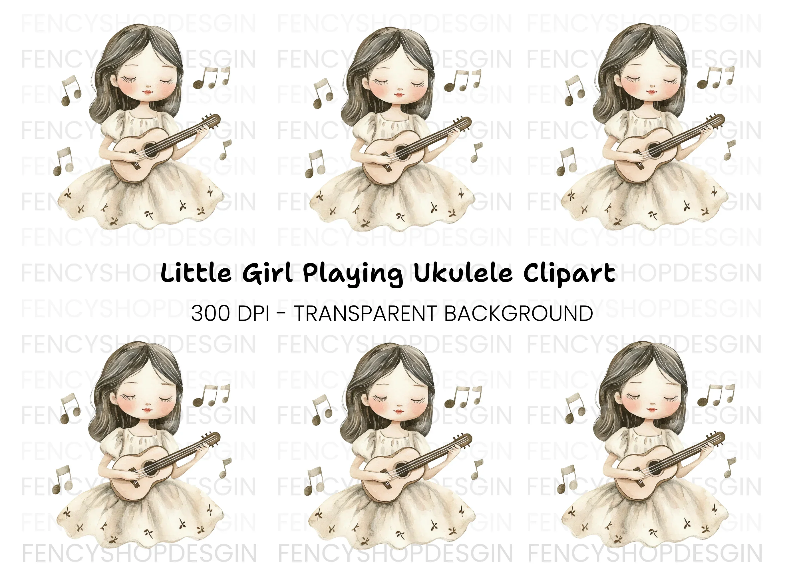 Girl Playing Ukulele with Music Notes Clipart Bundle