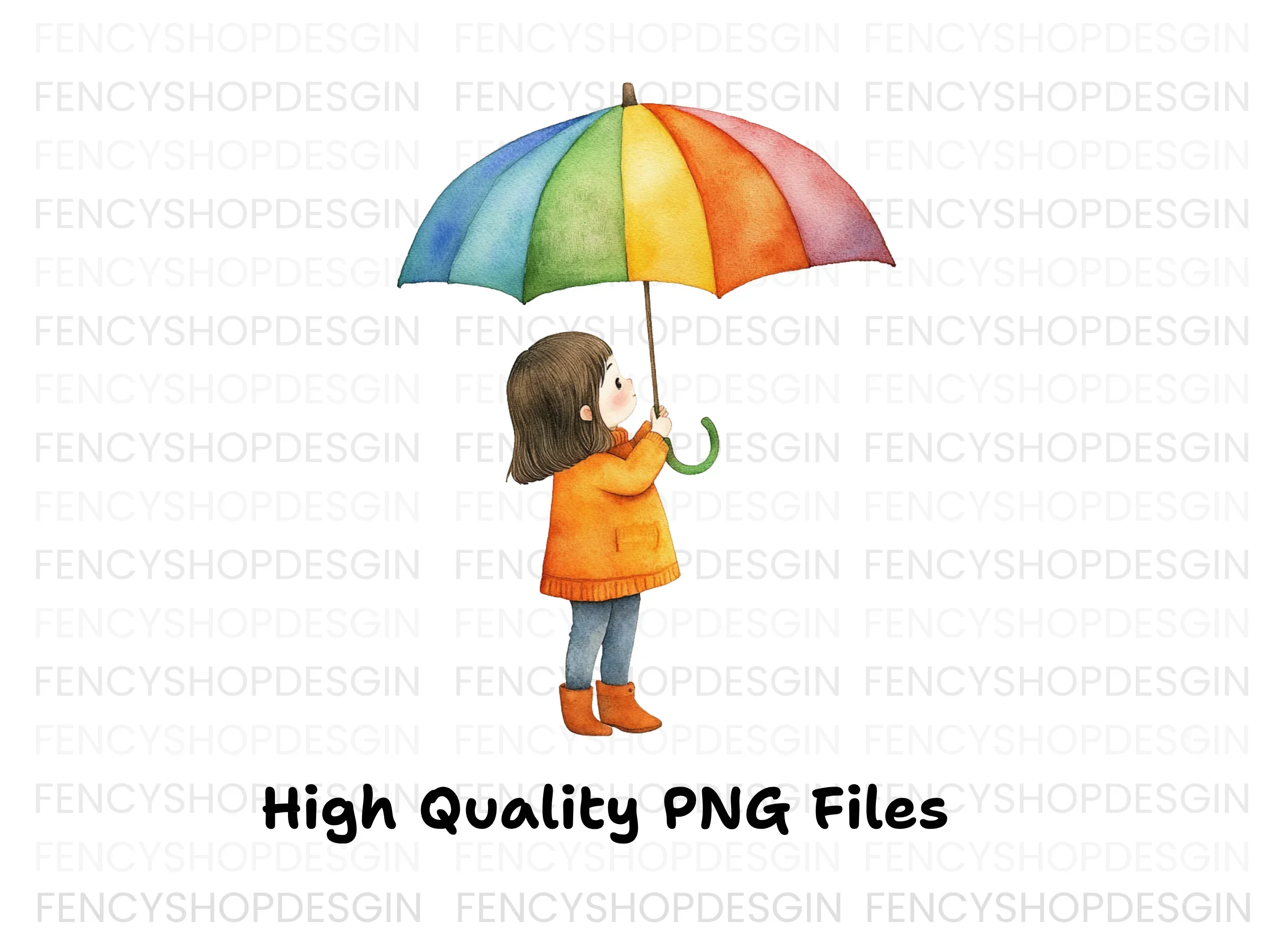 Girl with Rainbow Umbrella Clipart Bundle - Image 3