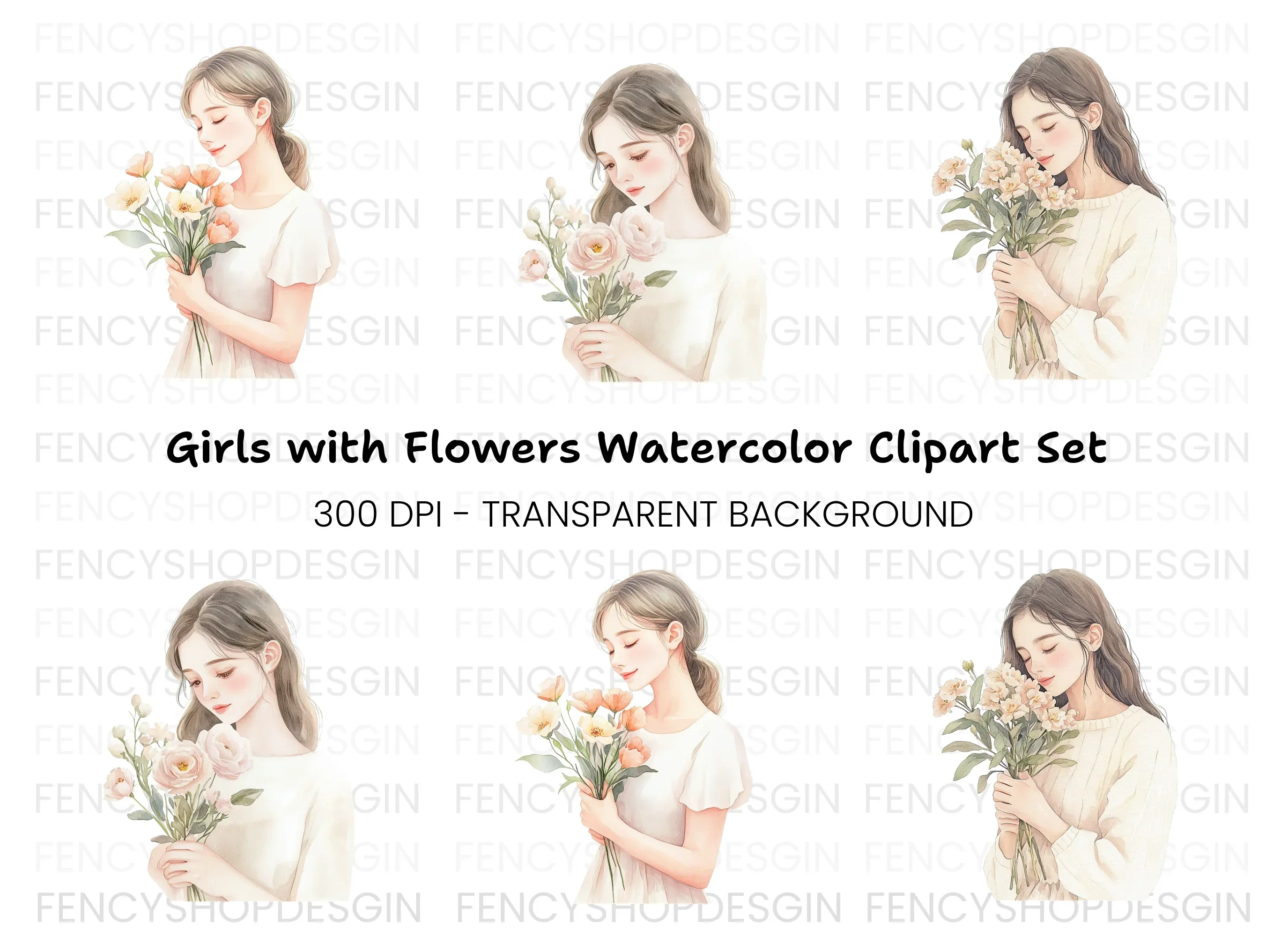 Girls Holding Flowers Clipart Bundle