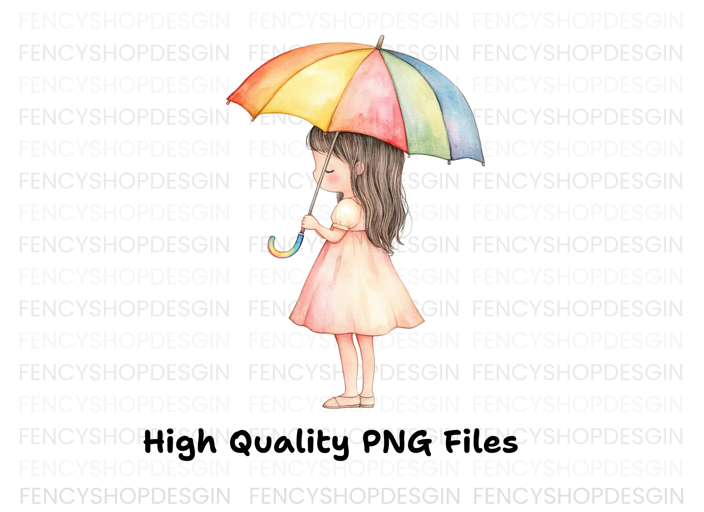 Girls with Rainbow Umbrella Clipart Bundle - Image 3