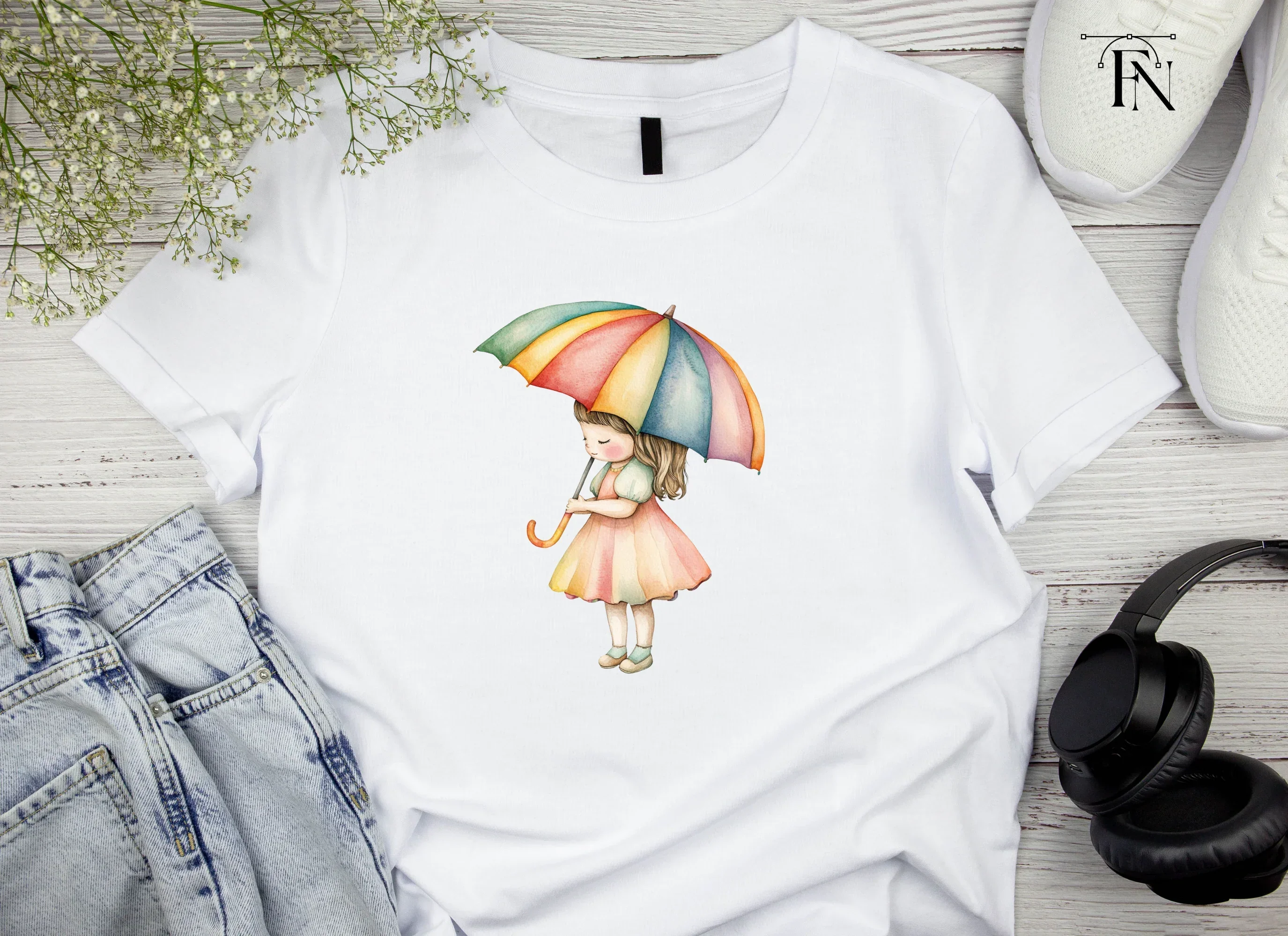 Girls with Rainbow Umbrella Clipart Bundle - Image 5