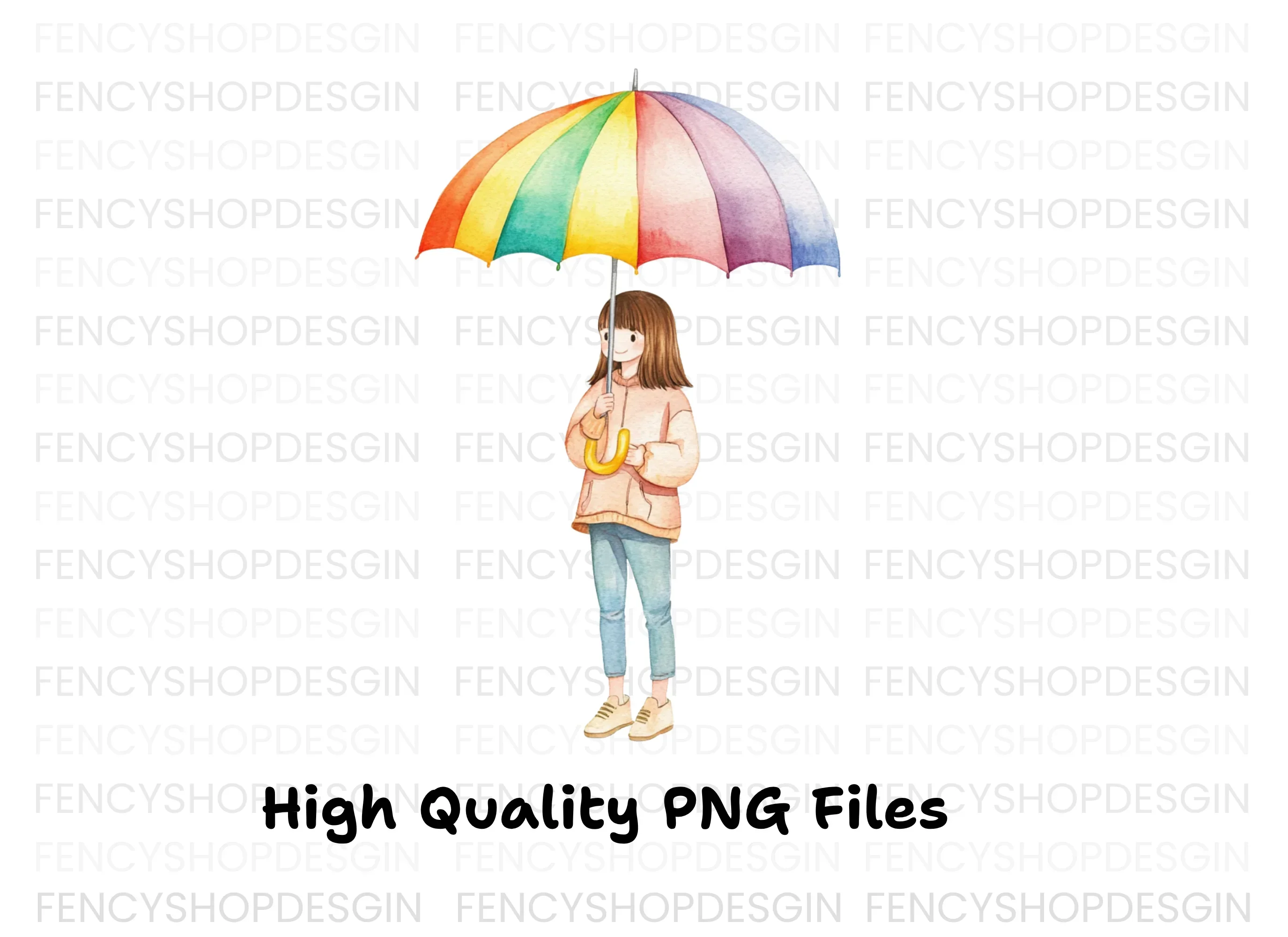 Girls with Rainbow Umbrellas Clipart Bundle - Image 3