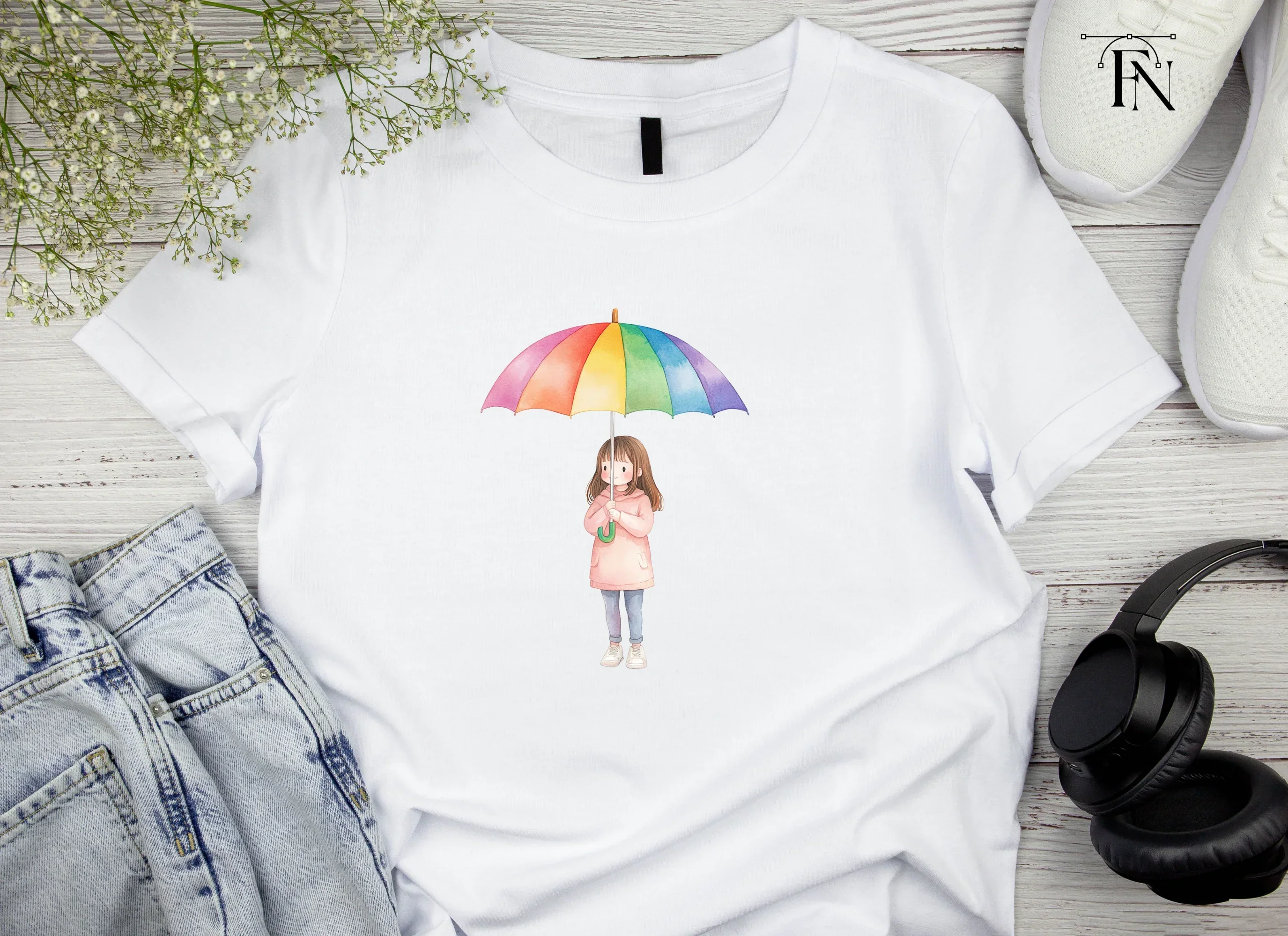 Girls with Rainbow Umbrellas Clipart Bundle - Image 4