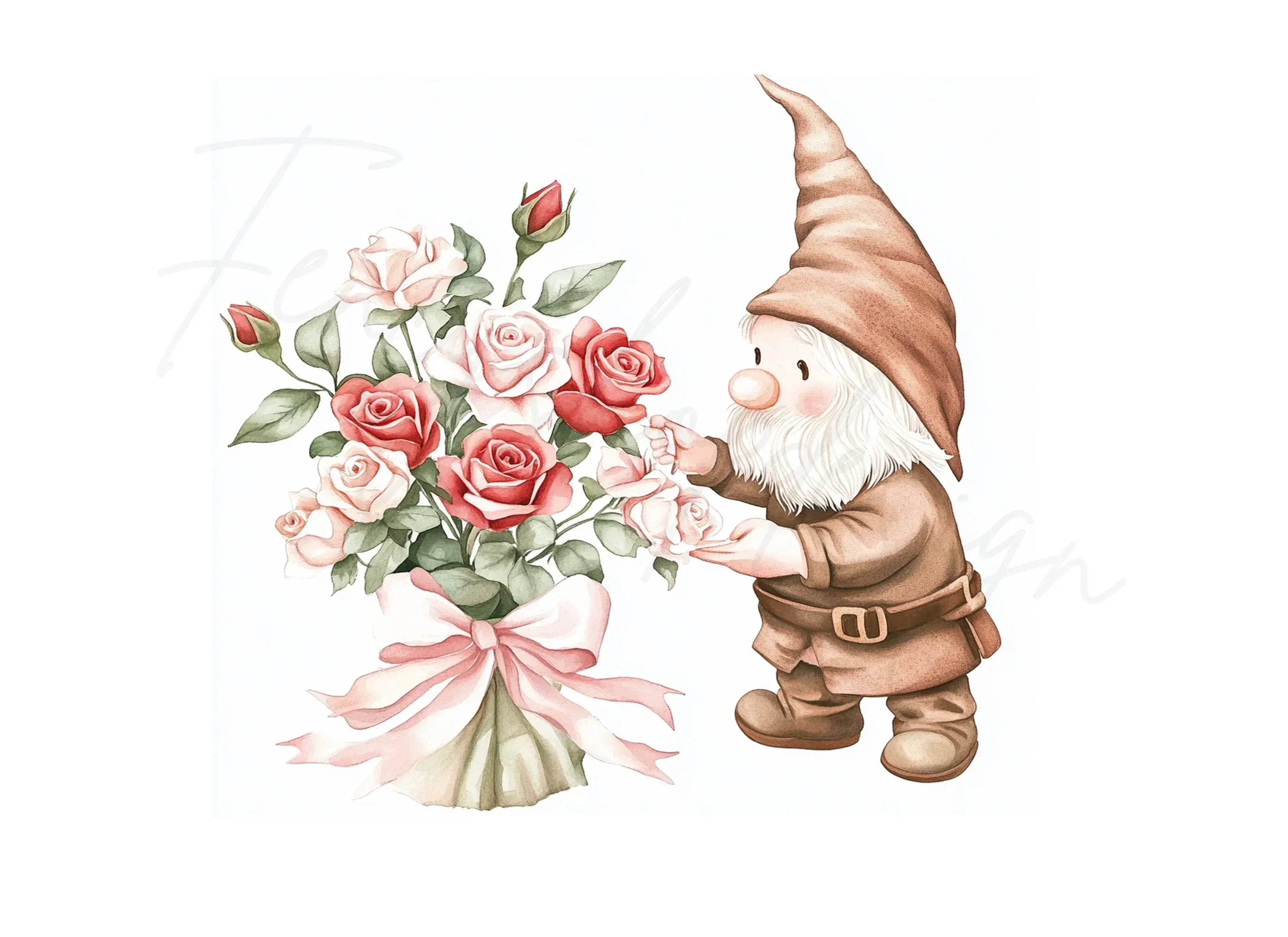 Gnome Holding Rose Bouquet Clipart Bundle - Image 2
