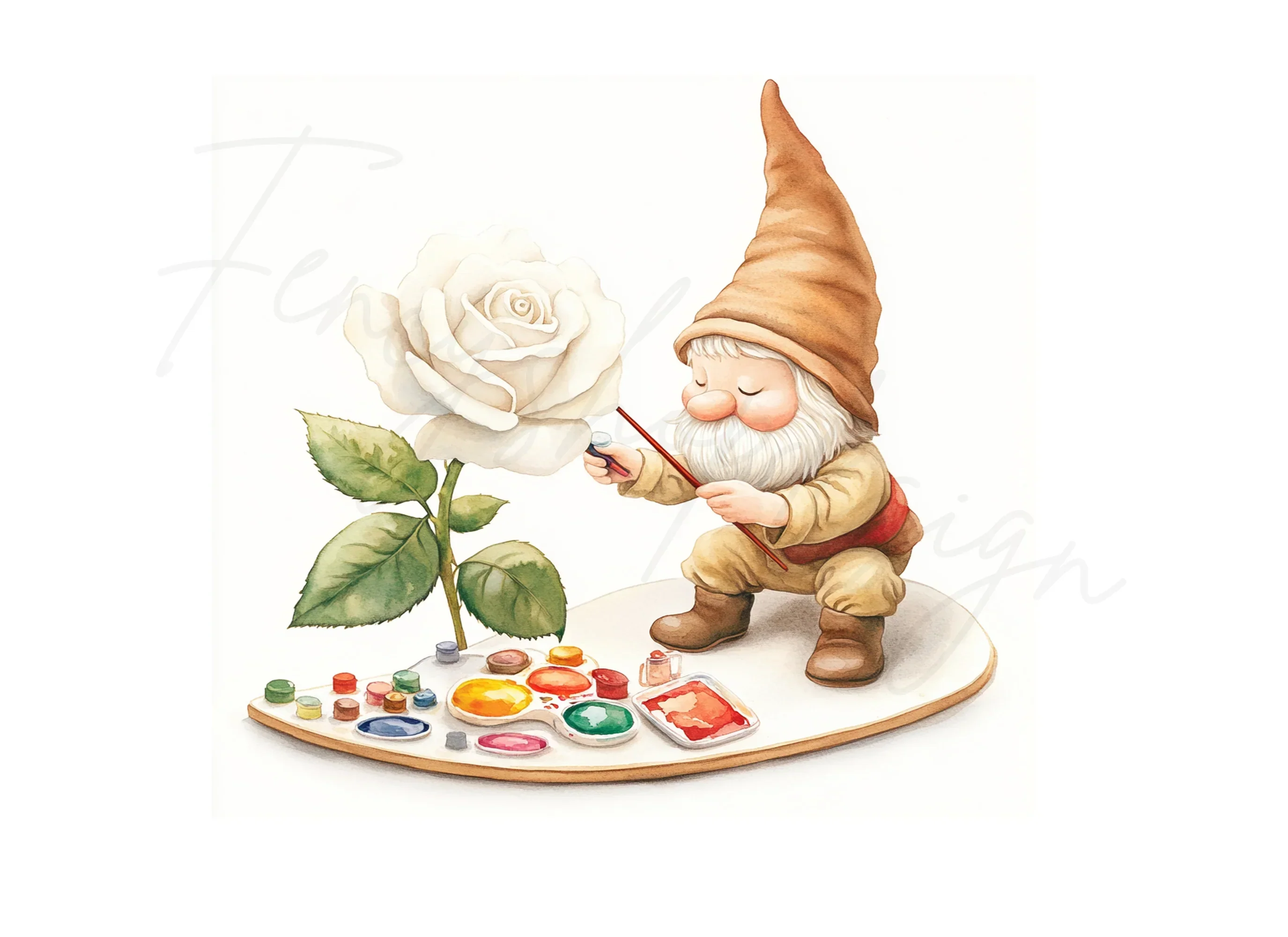 Gnome Painting White Rose Clipart Bundle - Image 2