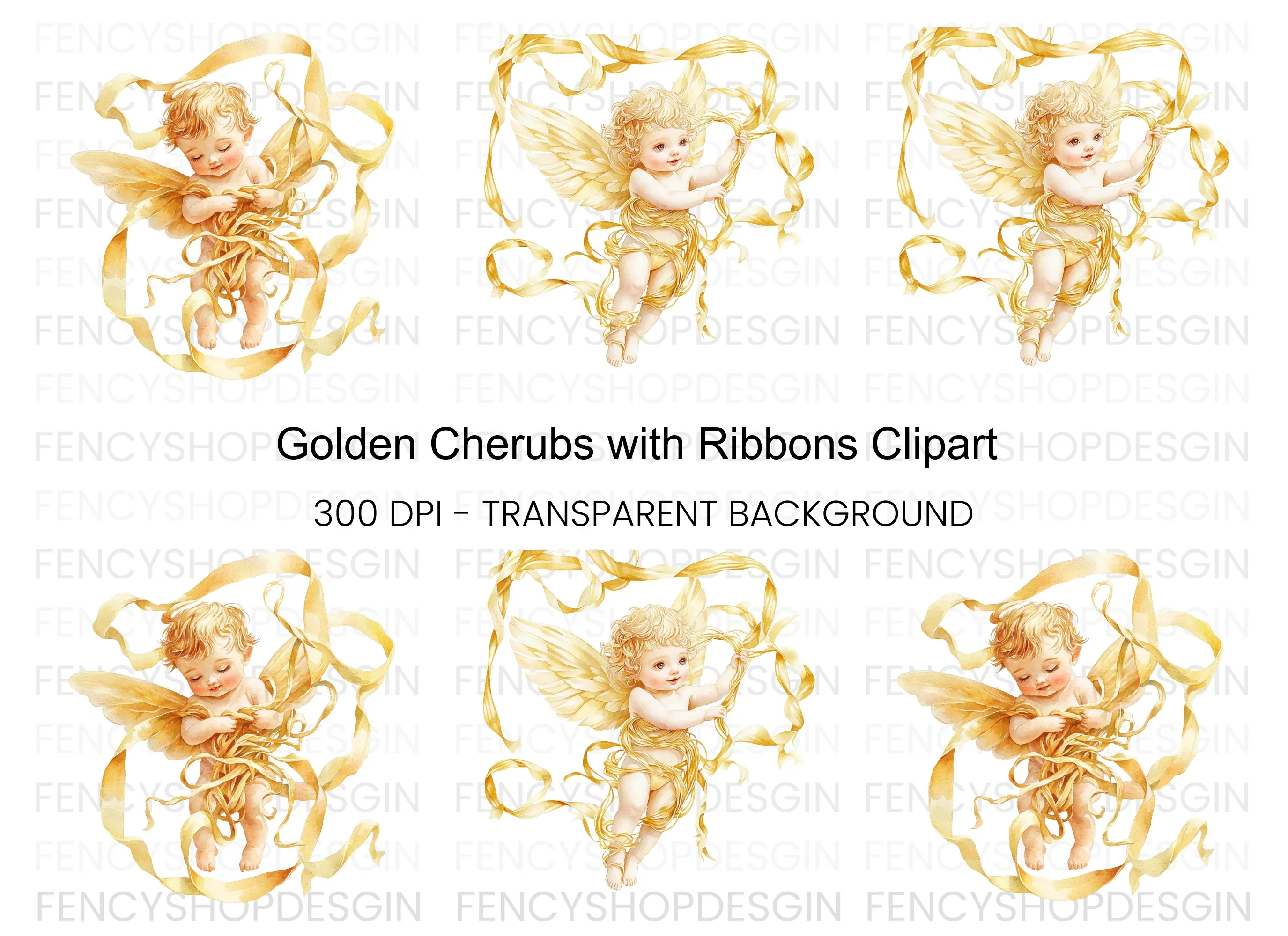 Golden Angel Cherubs with Ribbons Clipart Bundle