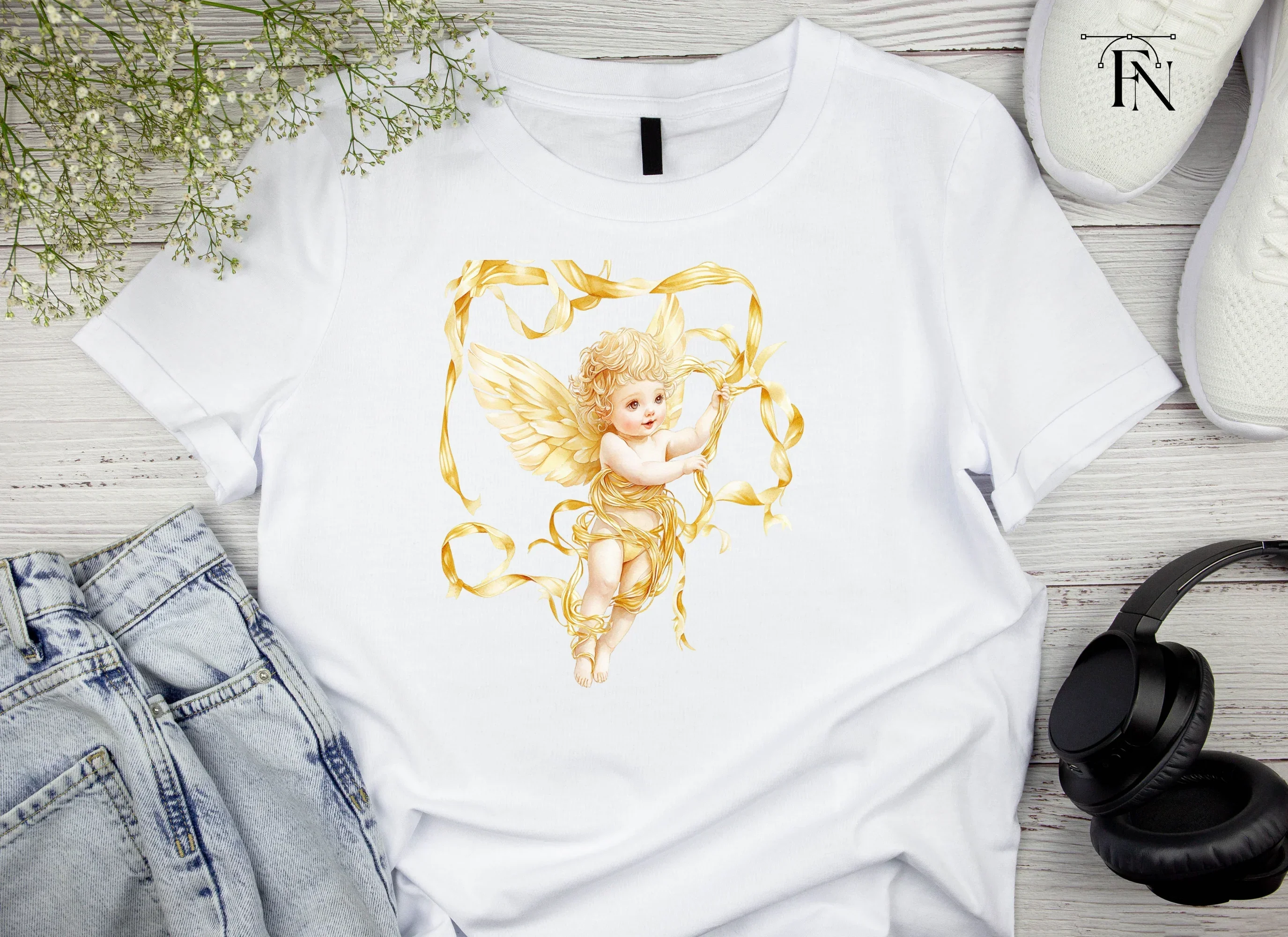 Golden Angel Cherubs with Ribbons Clipart Bundle - Image 4