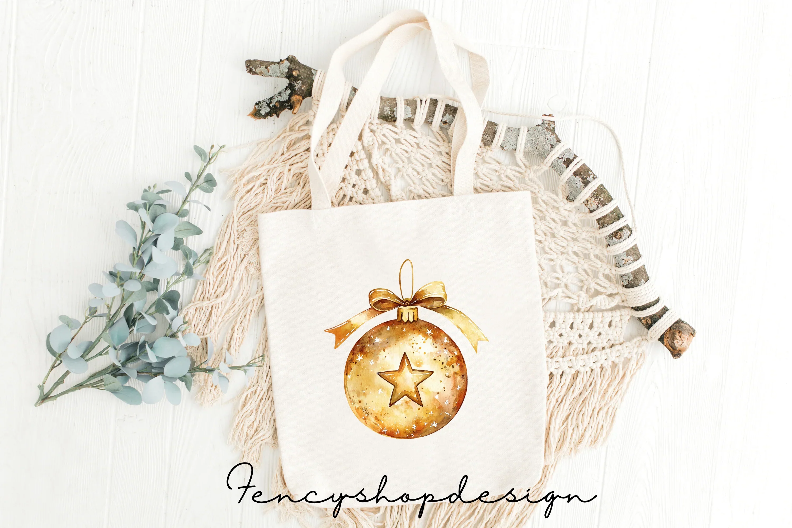 Golden Christmas Ornaments Holly Clipart Bundle - Image 8