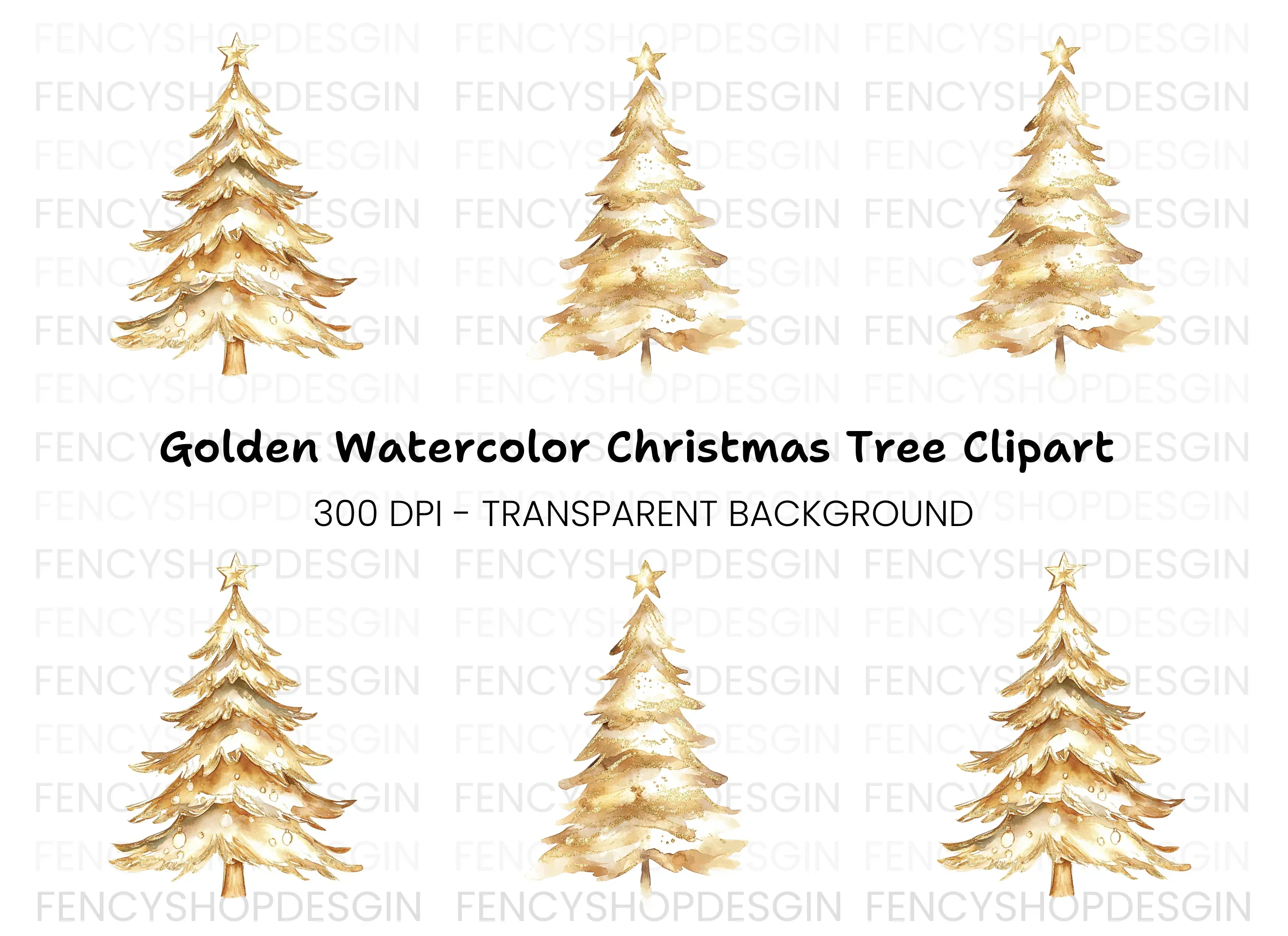 Golden Christmas Tree Clipart Bundle