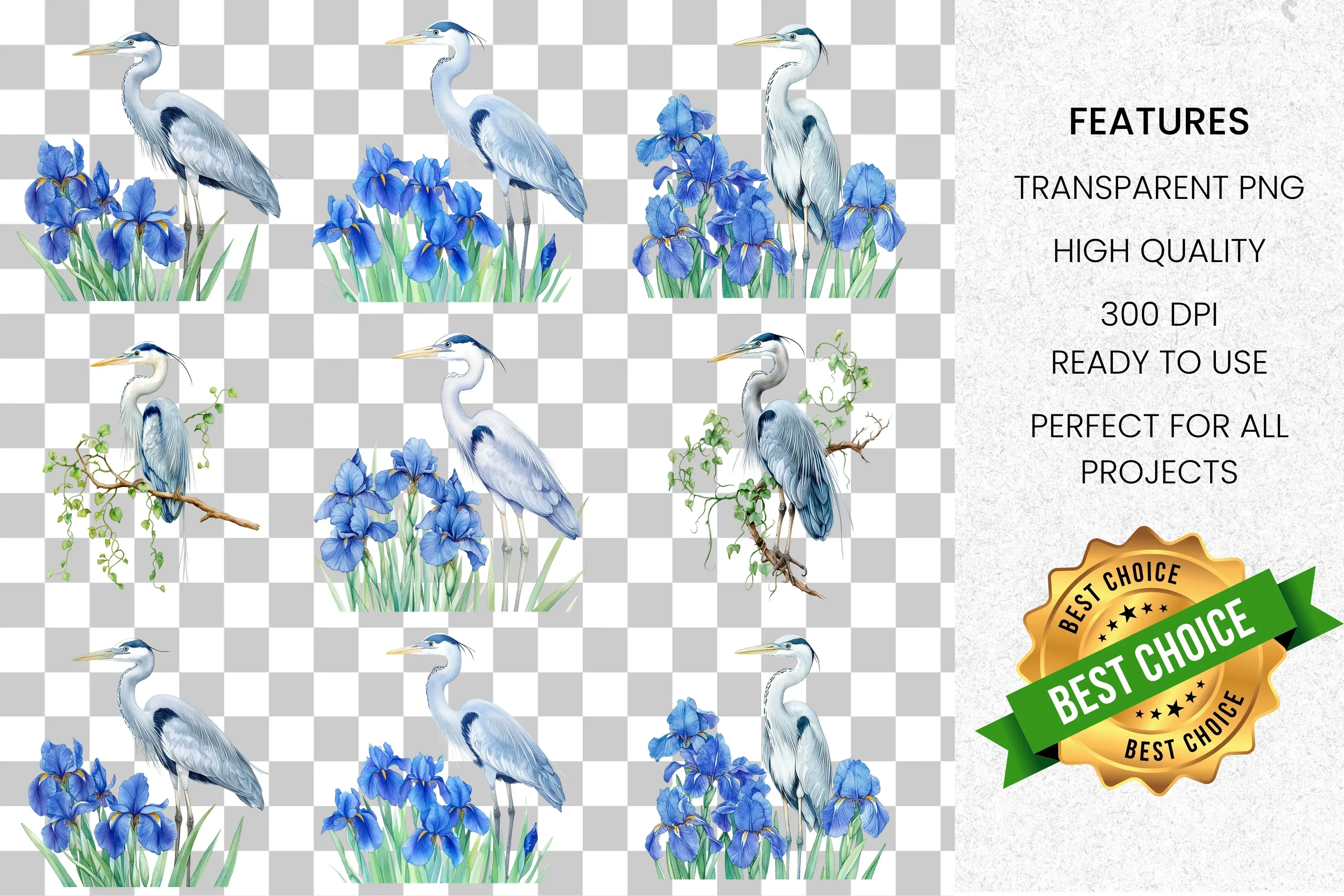 Graceful Heron and Iris Floral Clipart Bundle - Image 8