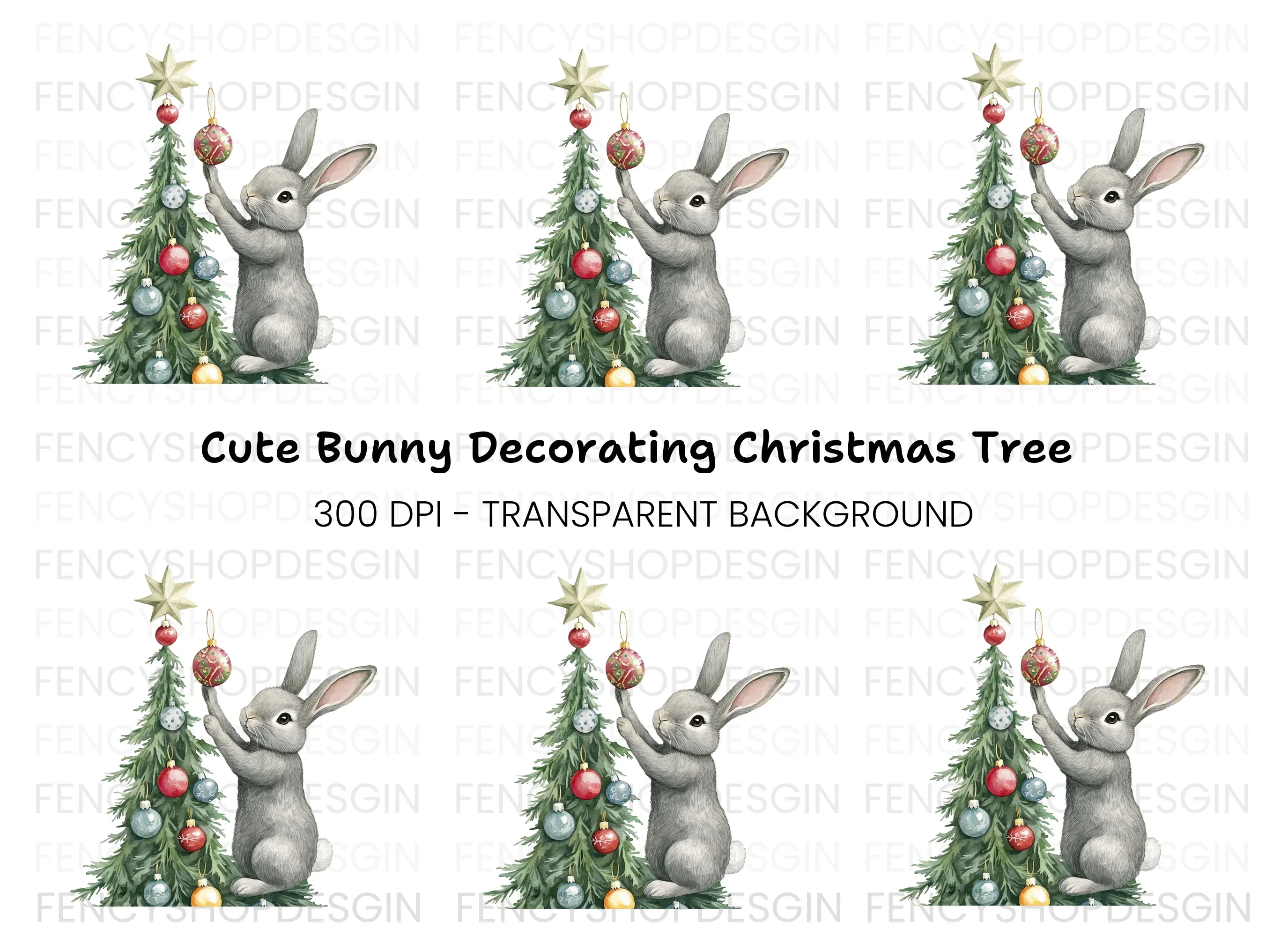 Gray Rabbit Holiday Tree Decorating Clipart Bundle