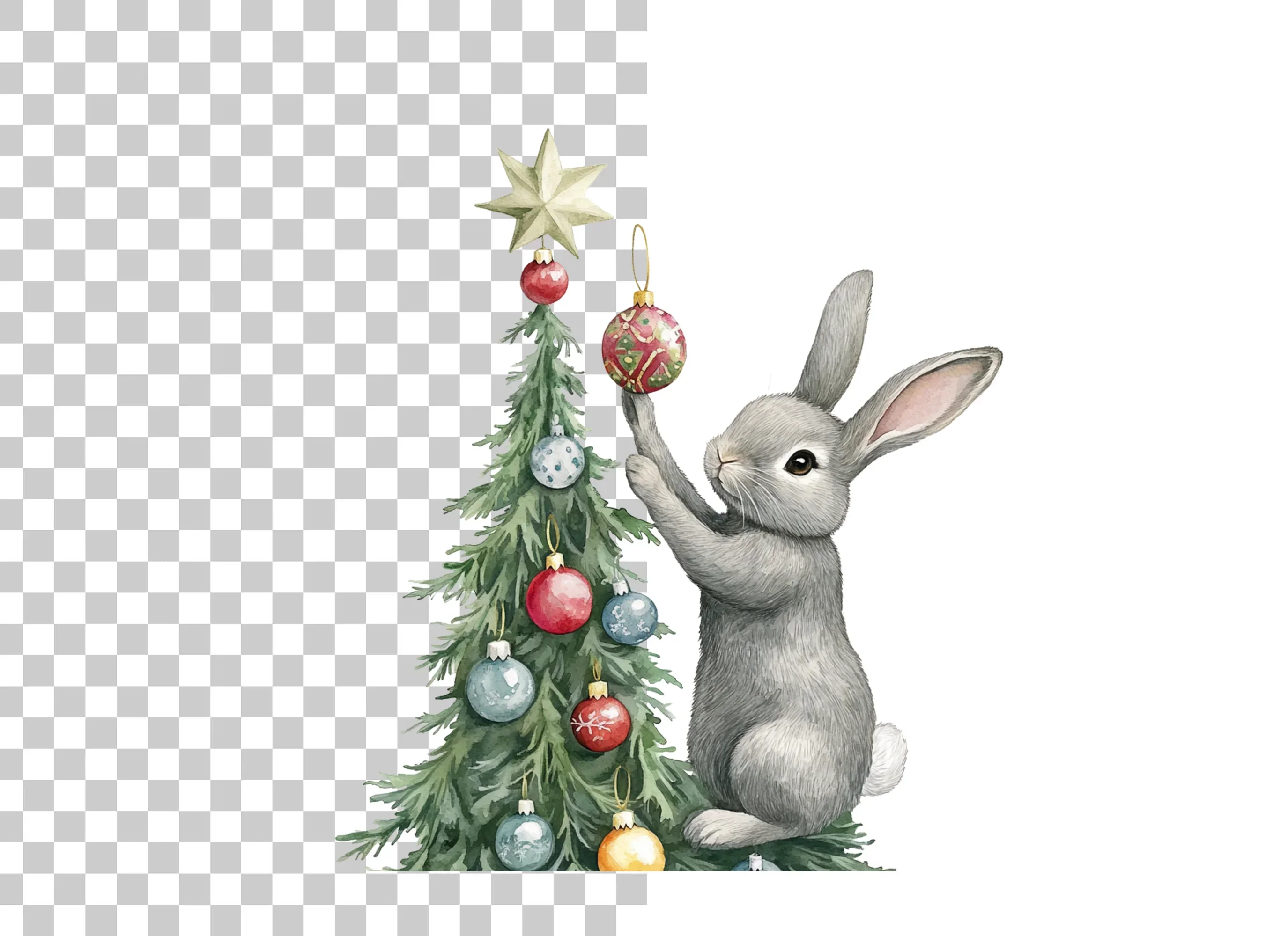 Gray Rabbit Holiday Tree Decorating Clipart Bundle - Image 2