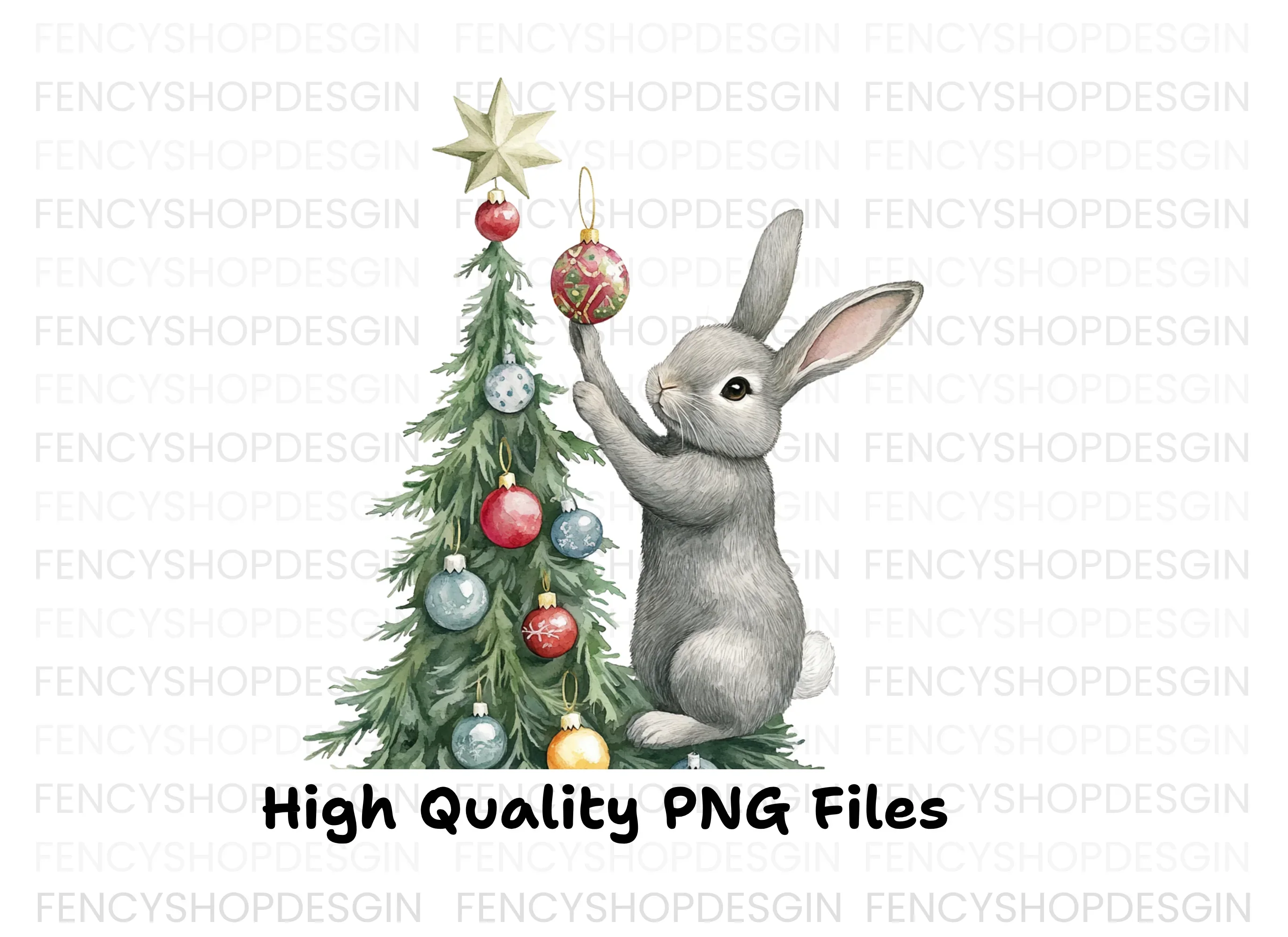 Gray Rabbit Holiday Tree Decorating Clipart Bundle - Image 3