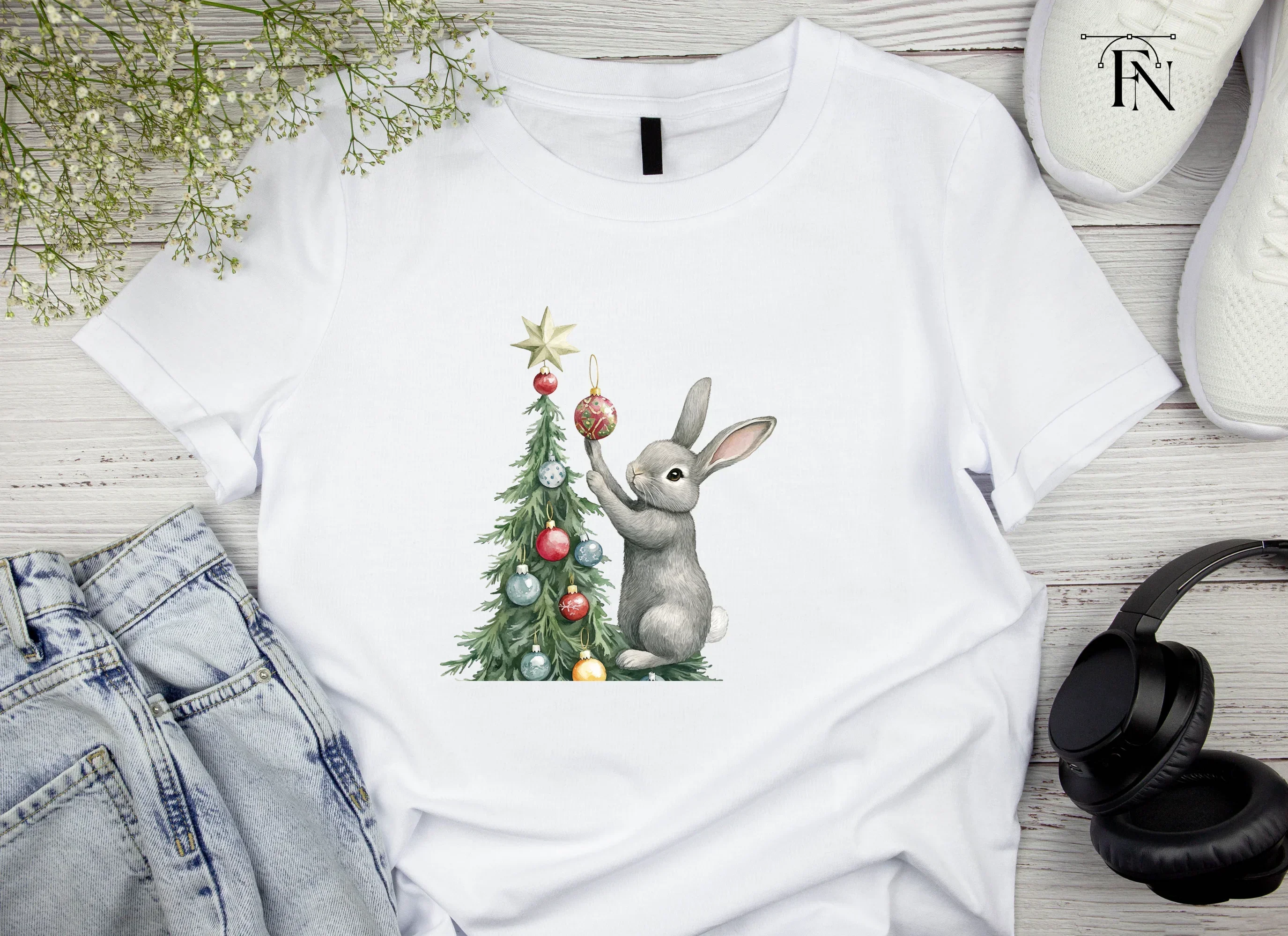 Gray Rabbit Holiday Tree Decorating Clipart Bundle - Image 4