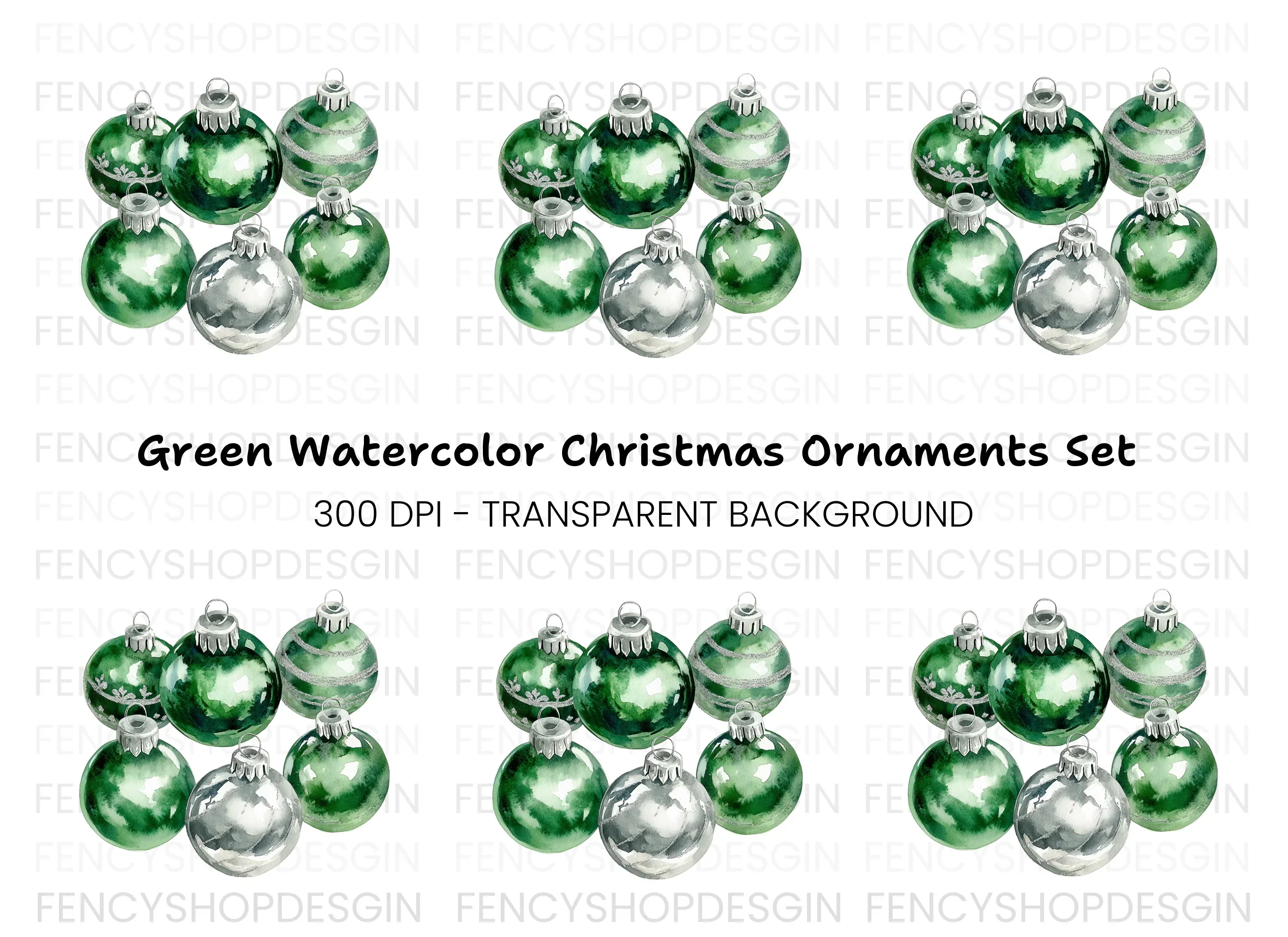 Green and Silver Christmas Baubles Clipart Bundle