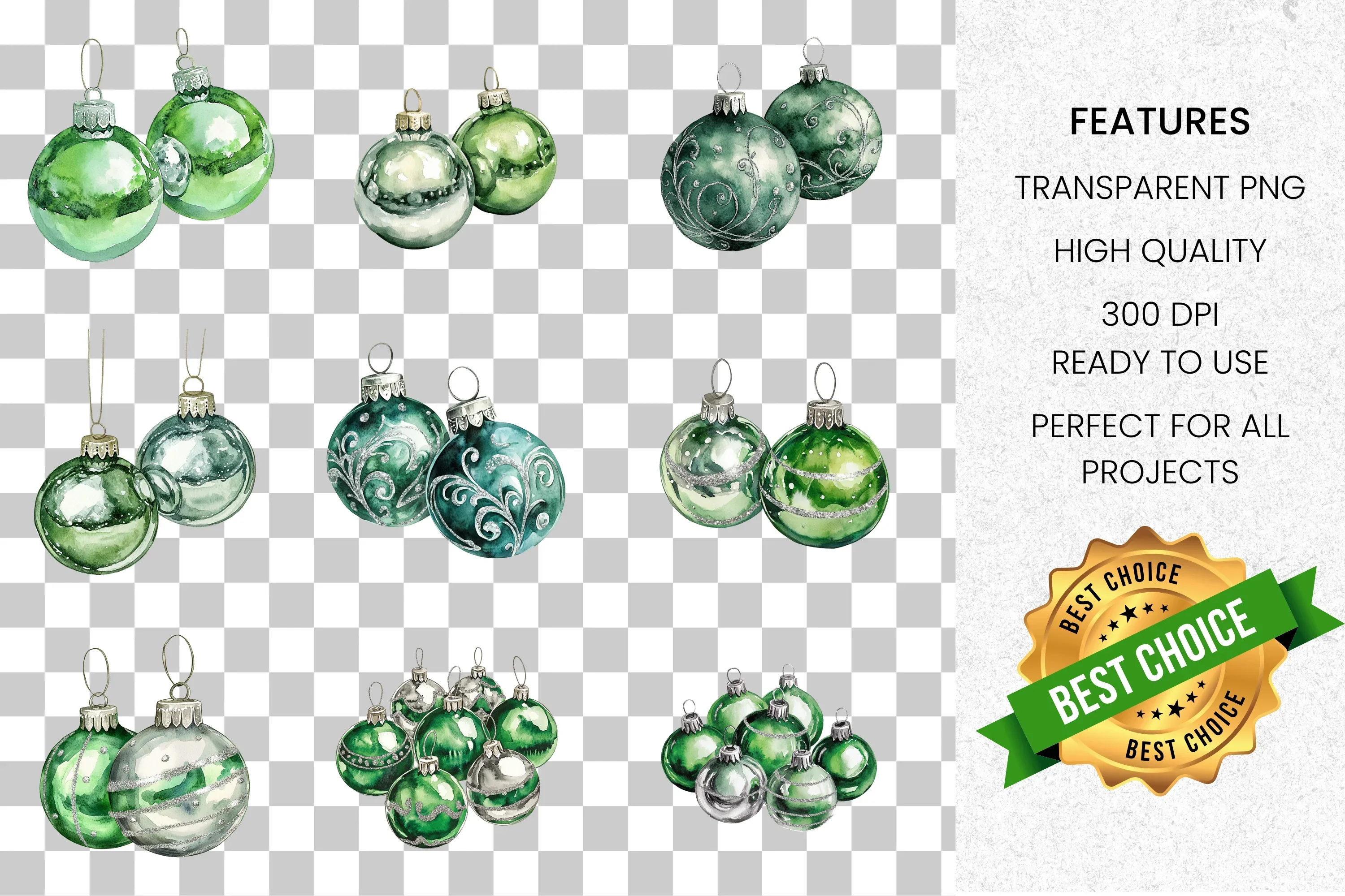 Green Christmas Ornaments Clipart Bundle - Image 2