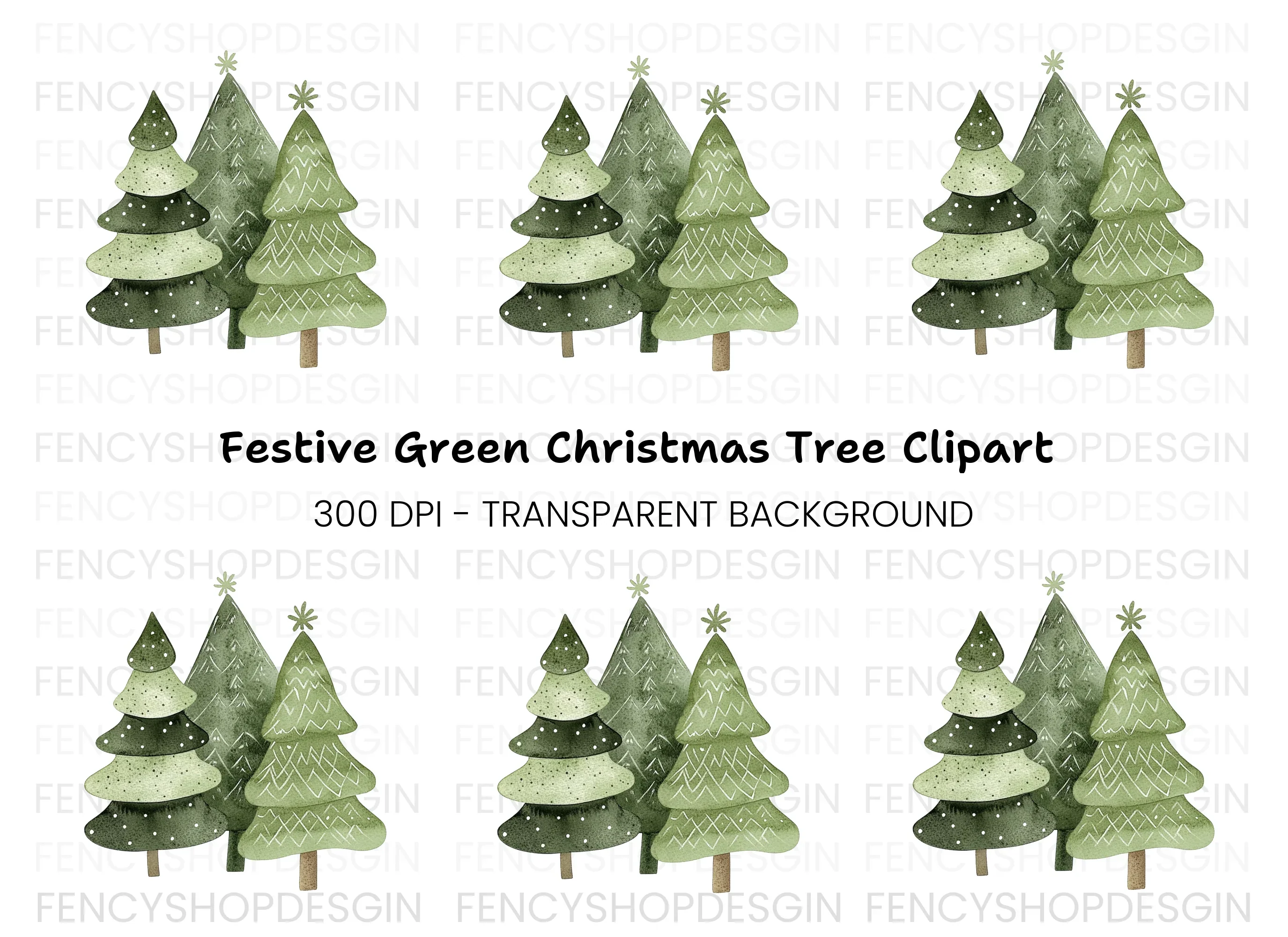 Green Christmas Trees Clipart Bundle