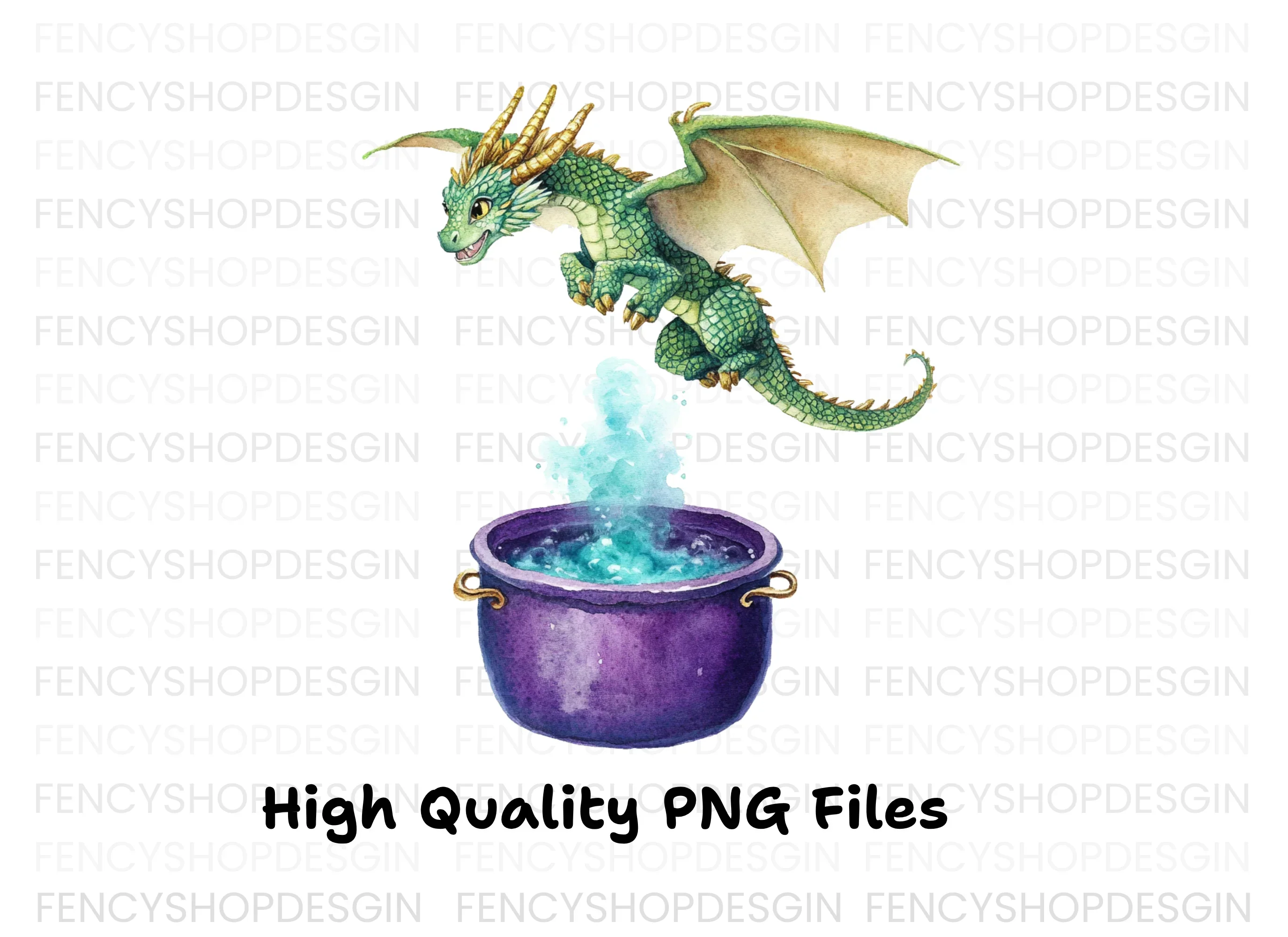 Green Dragon Flying Over Cauldron Clipart Bundle - Image 3