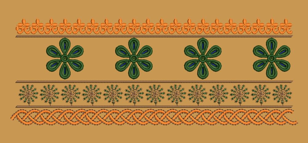 Green Flower And Golden Jacquard Border Embroidery Design