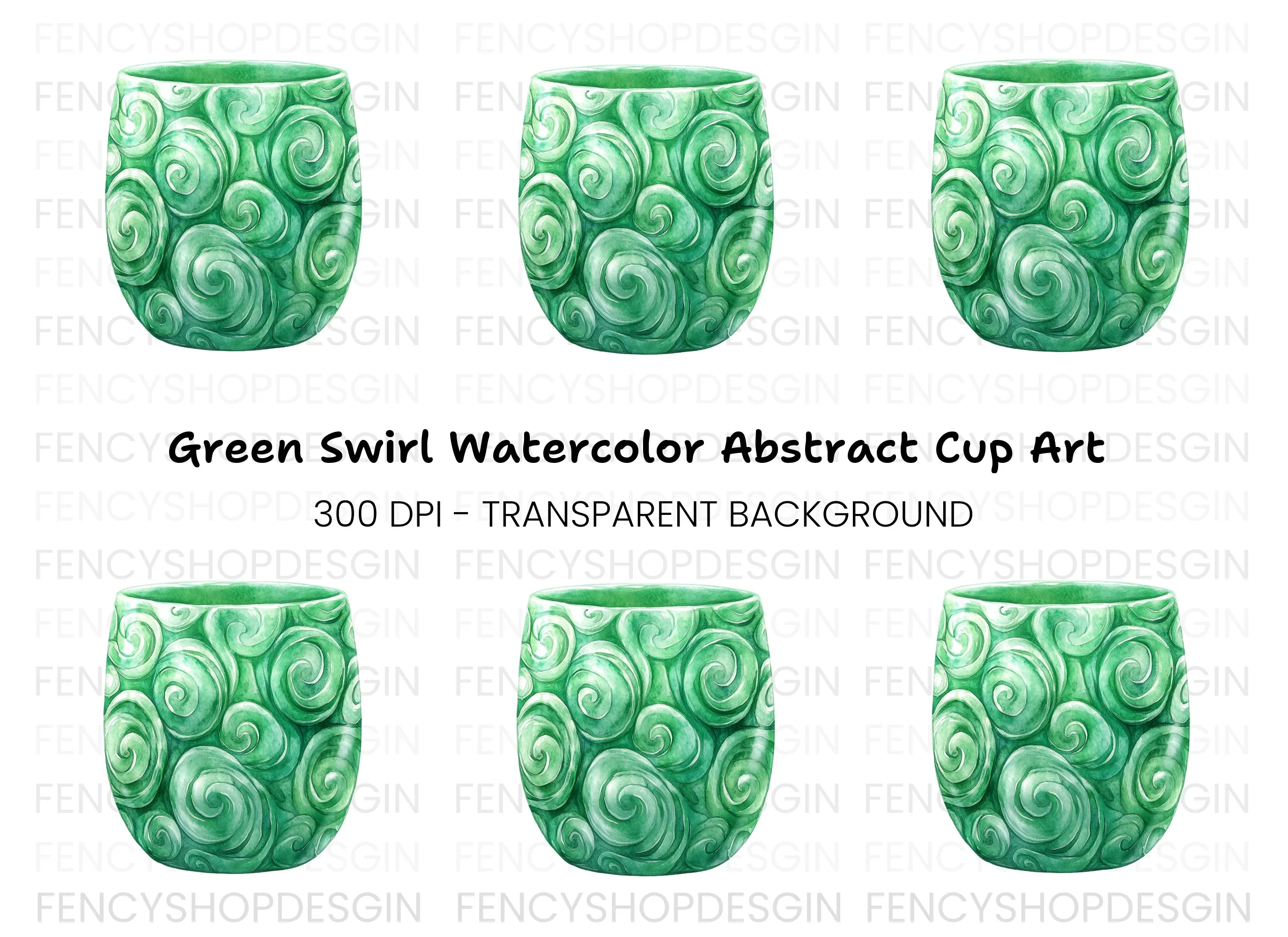 Green Swirl Patterned Jade Cup Clipart Bundle
