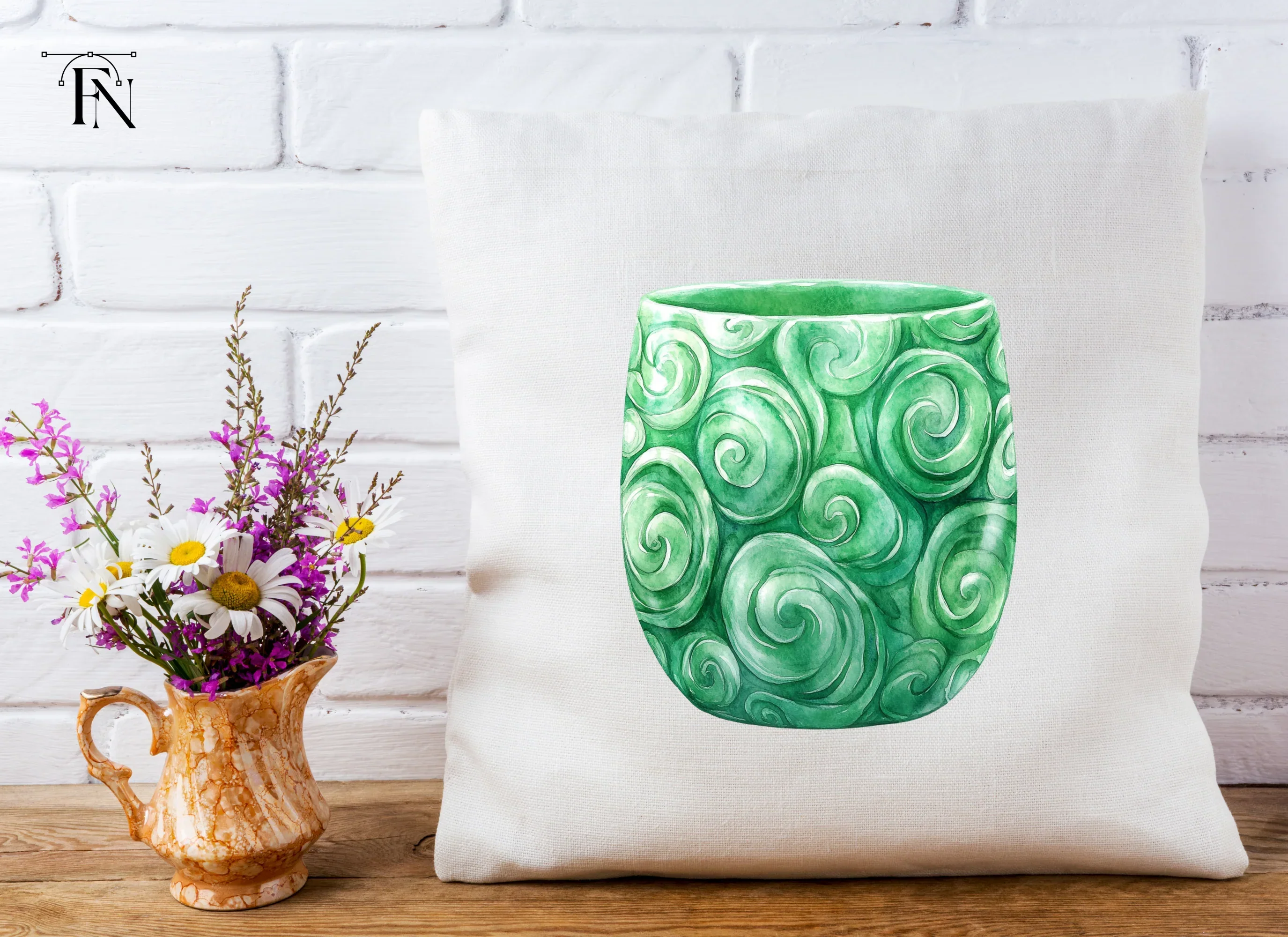Green Swirl Patterned Jade Cup Clipart Bundle - Image 4
